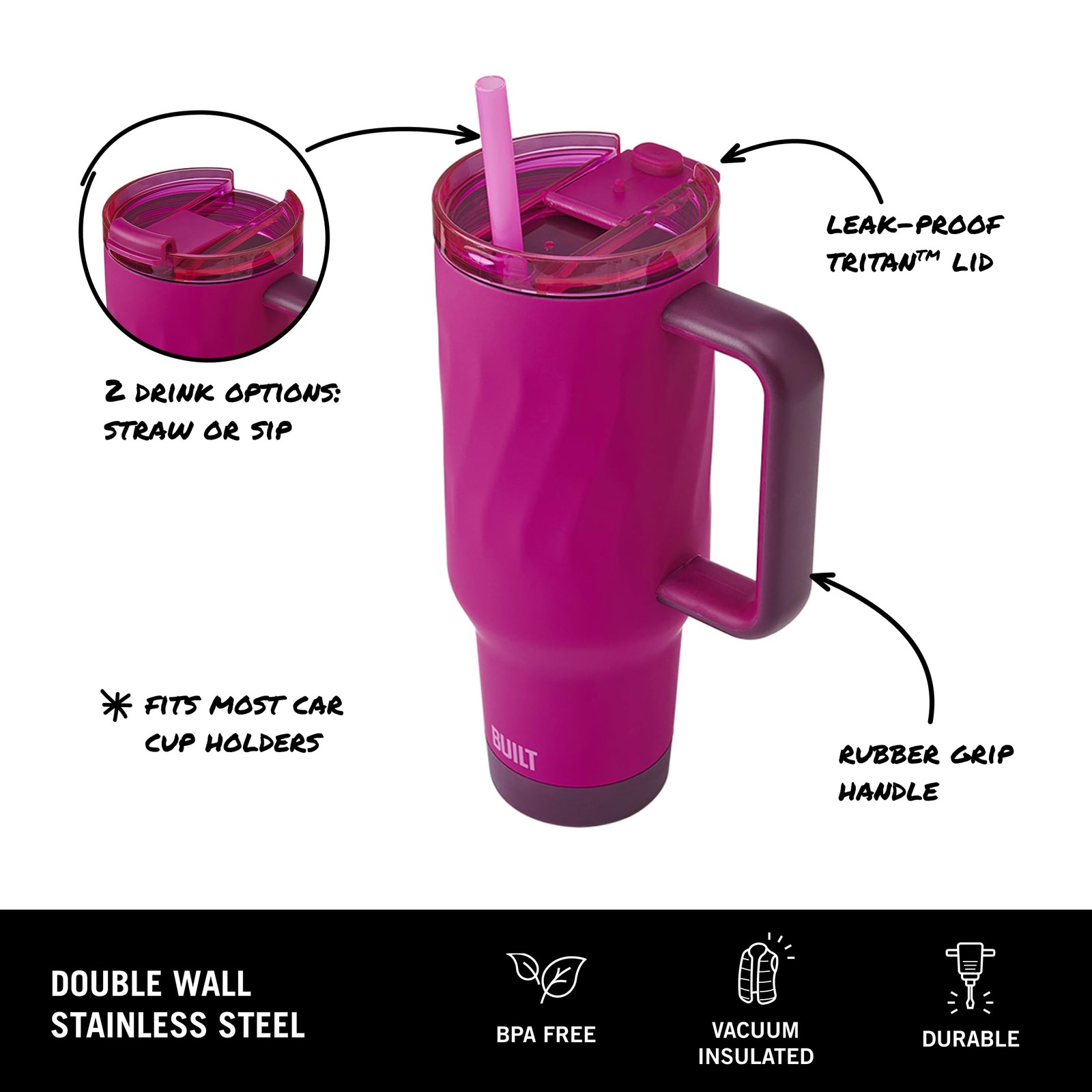 Built 40Oz Wave Tumbler Pink Plum Double Wall Vacuum Insulated Stainless Steel