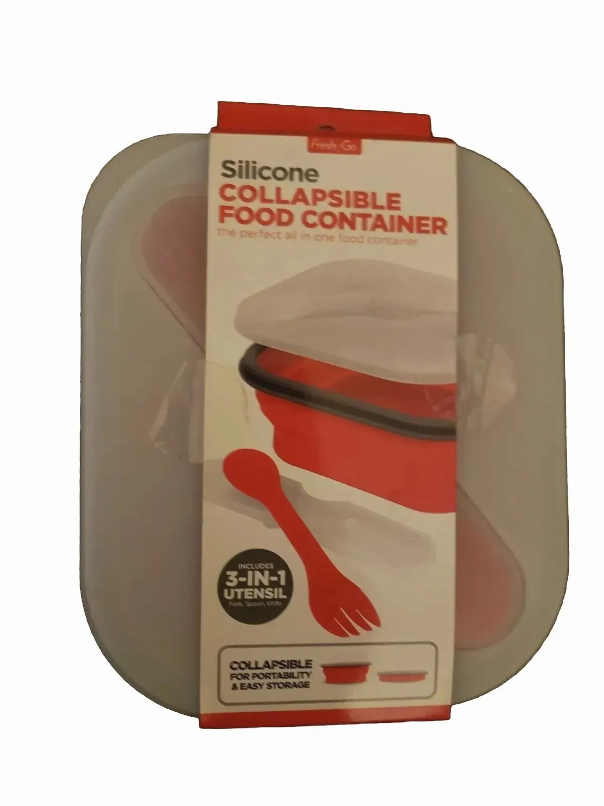 NEW Collapsible Silicone Lunch Tote ☆ Attached Spoon/Fork ☆ 6″ x 5″ ☆ FRESH-2-GO
