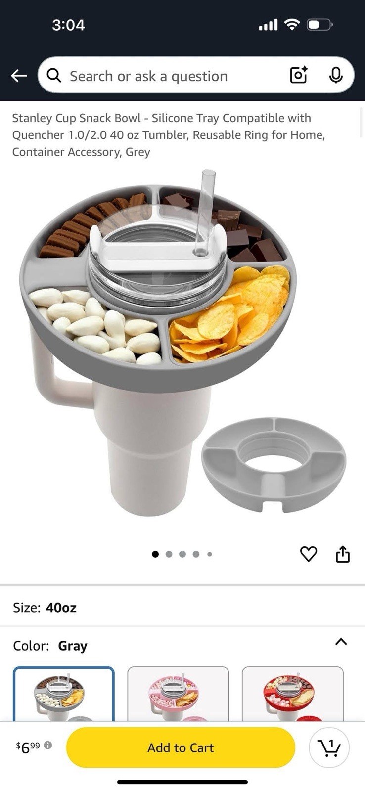 Silicone Snack Tray For 40oz Stanley Cup Grey
