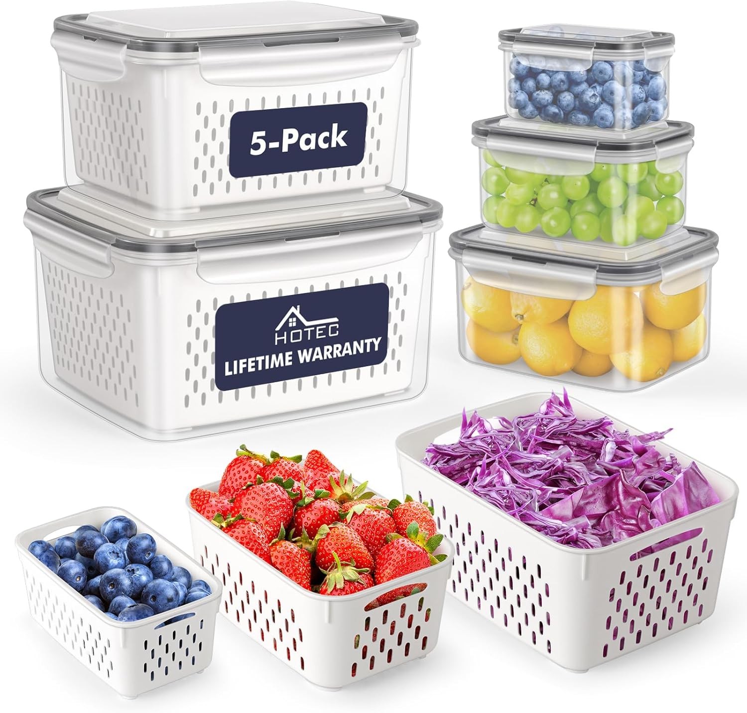 5-Pack Large Fruit Storage Container Fridge Leak proof W/ Removable Colander