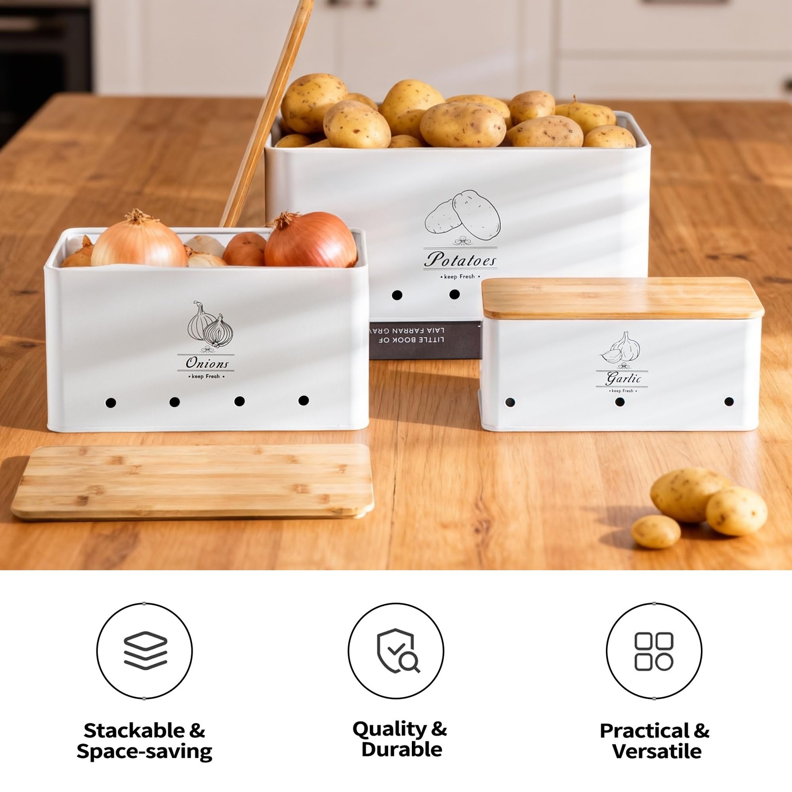 Tenforie Metal Potato Onion and Garlic Storage Tin Set of 3, White Kitchen Ve…
