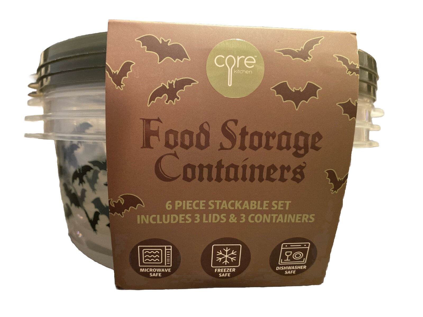 Core Kitchen Round Storage Containers 6pc Halloween Bats New