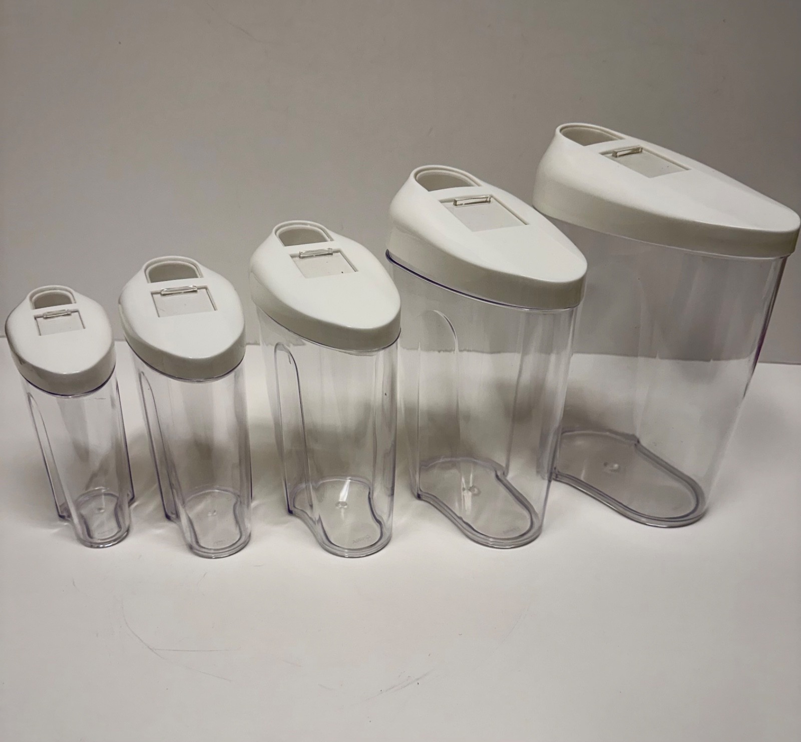 Set of 5 Store and Pour Storage Containers Clear Plastic White Spout Lids