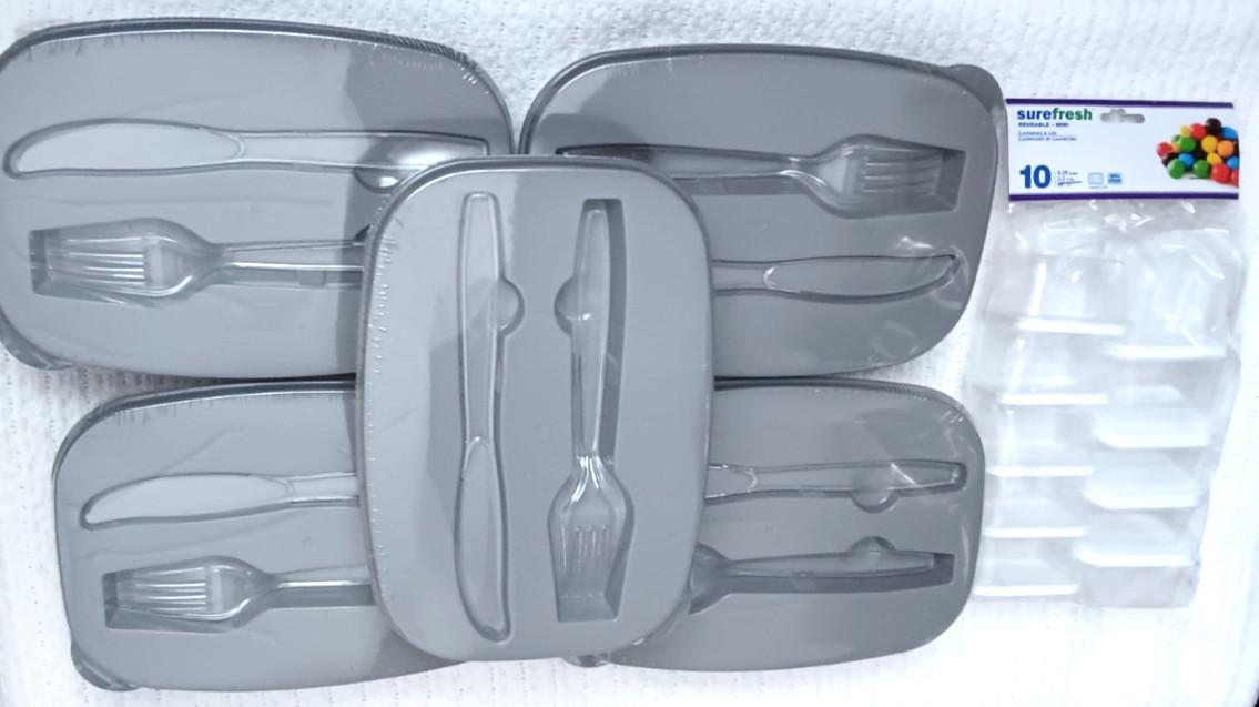 Meal Prep Food Storage Reusable Containers Clear Gray White Plastic Fork Knives