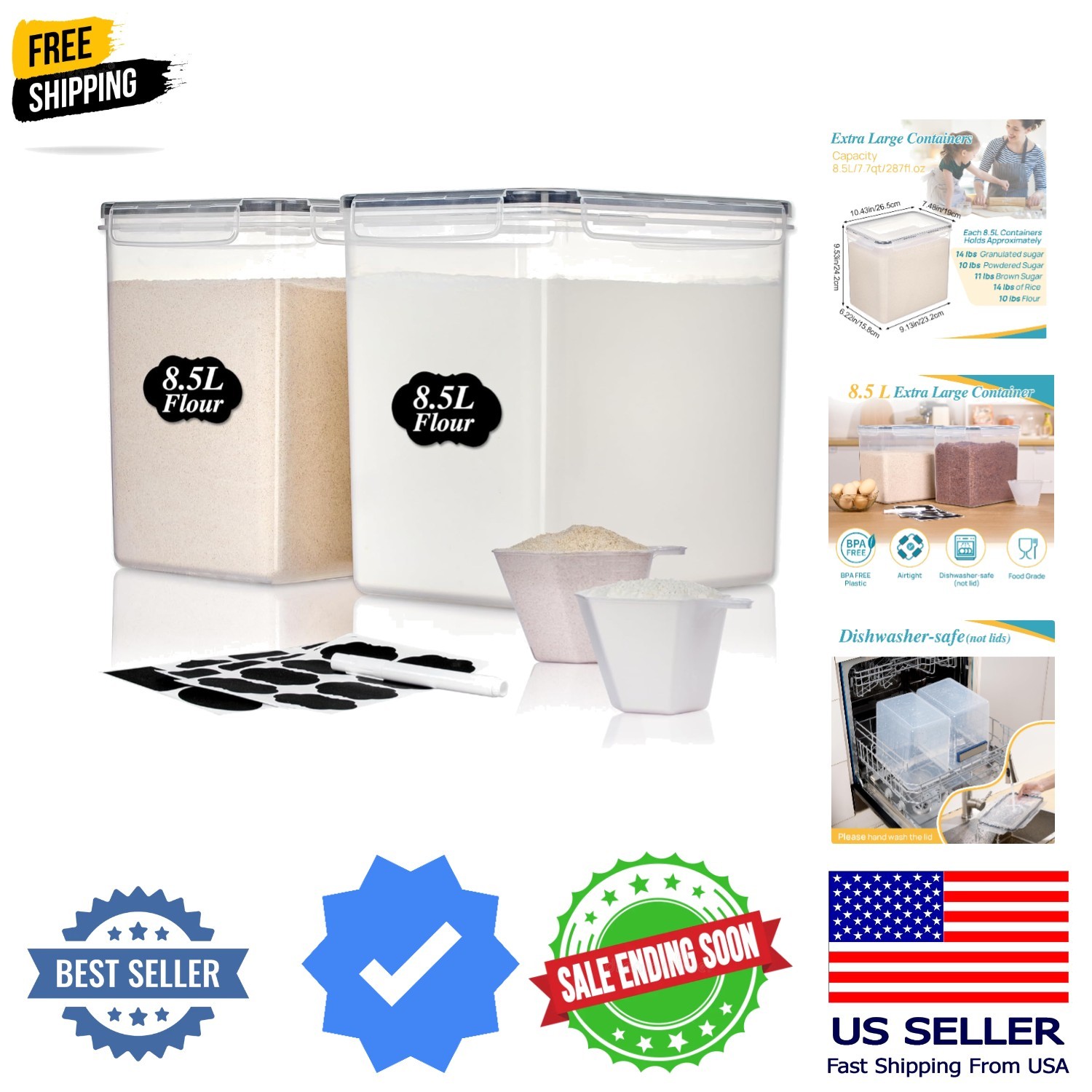 8.5L 2 Pack Extra Large Flour Sugar Storage Containers, Each for 10lbs flour,…