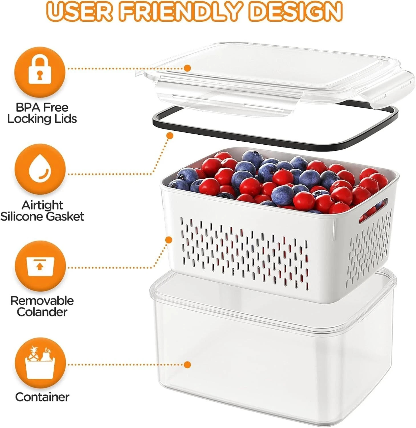 Contenedores de almacenamiento para refrigerador con coladores extraíbles US NEW