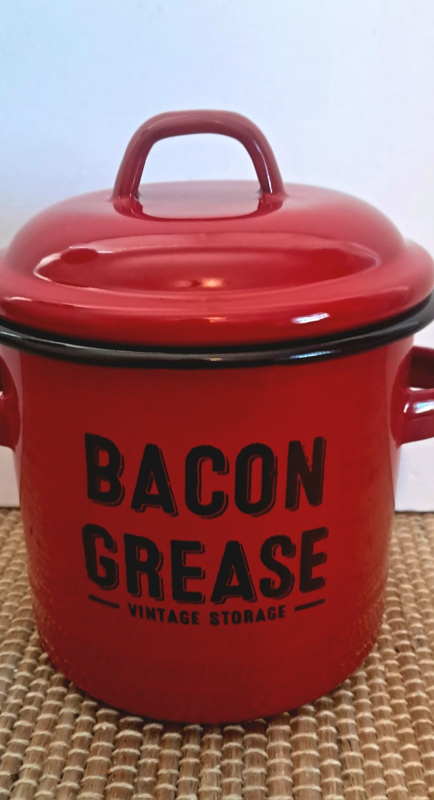 Enamel Bacon Grease Canister Pot with Lid – Rustic Large Capacity Vintage Look