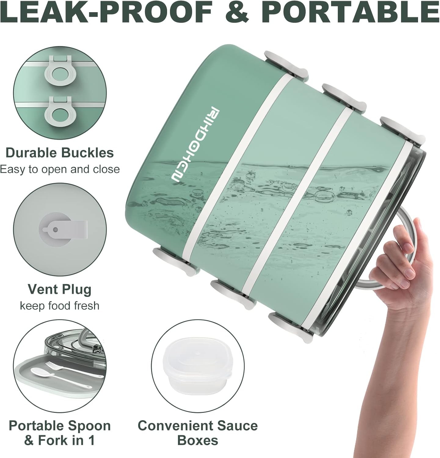 Lunch Box, Stackable 3 Layers Containers, Portable 94OZ 3 Layers, A-Green