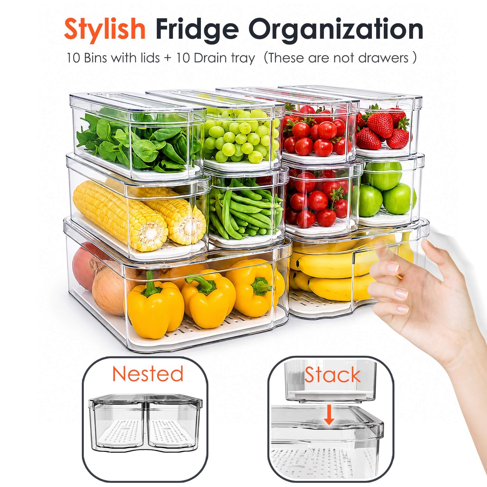 SMRCAD 10-Pack Clear Lidded Organizer Bins for Fridge, Pantry Food Storage