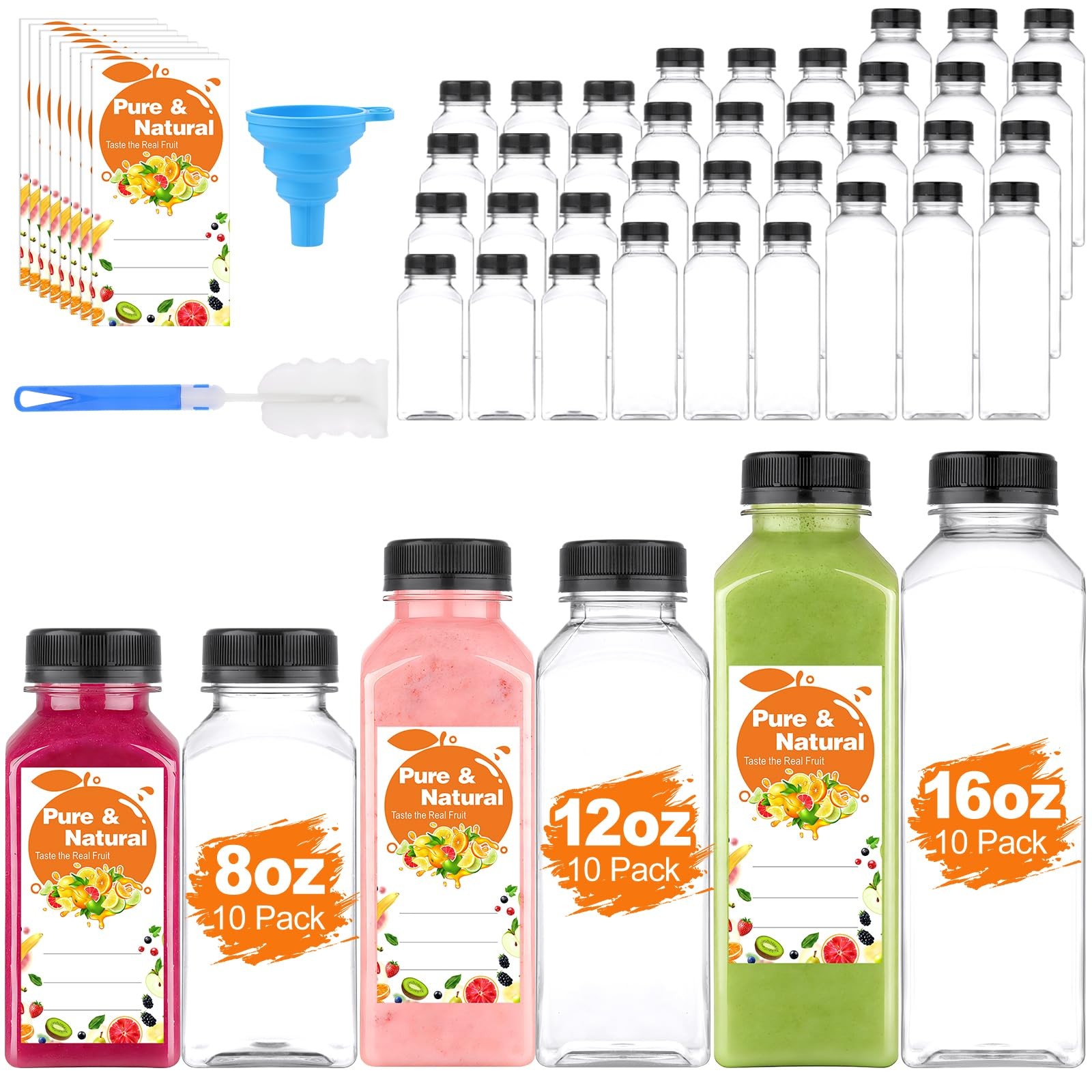 30 Pack Plastic Juice Bottles with Caps, 8oz & 12oz & 16oz Each Size 10 Pcs E…