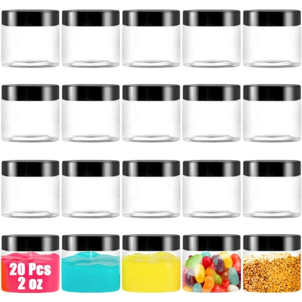 20 Pack 2 oz Clear Plastic Round Containers with Black Lids, Refillable Slime