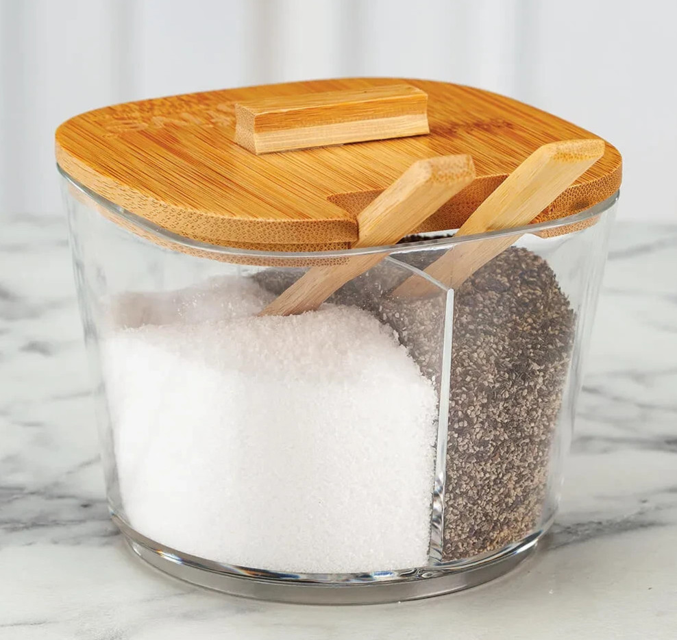 2-Section Salt & Pepper Container w/ Bamboo Spoons BPA-Free 4″ sq x 3 1/4″ H