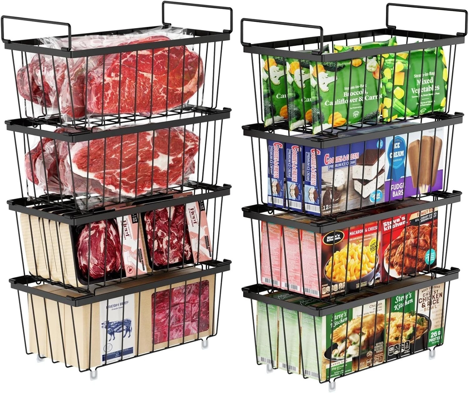 8pc Freezer Organizer Bins 14.7″ Stackable Metal Baskets Rust-Resistant