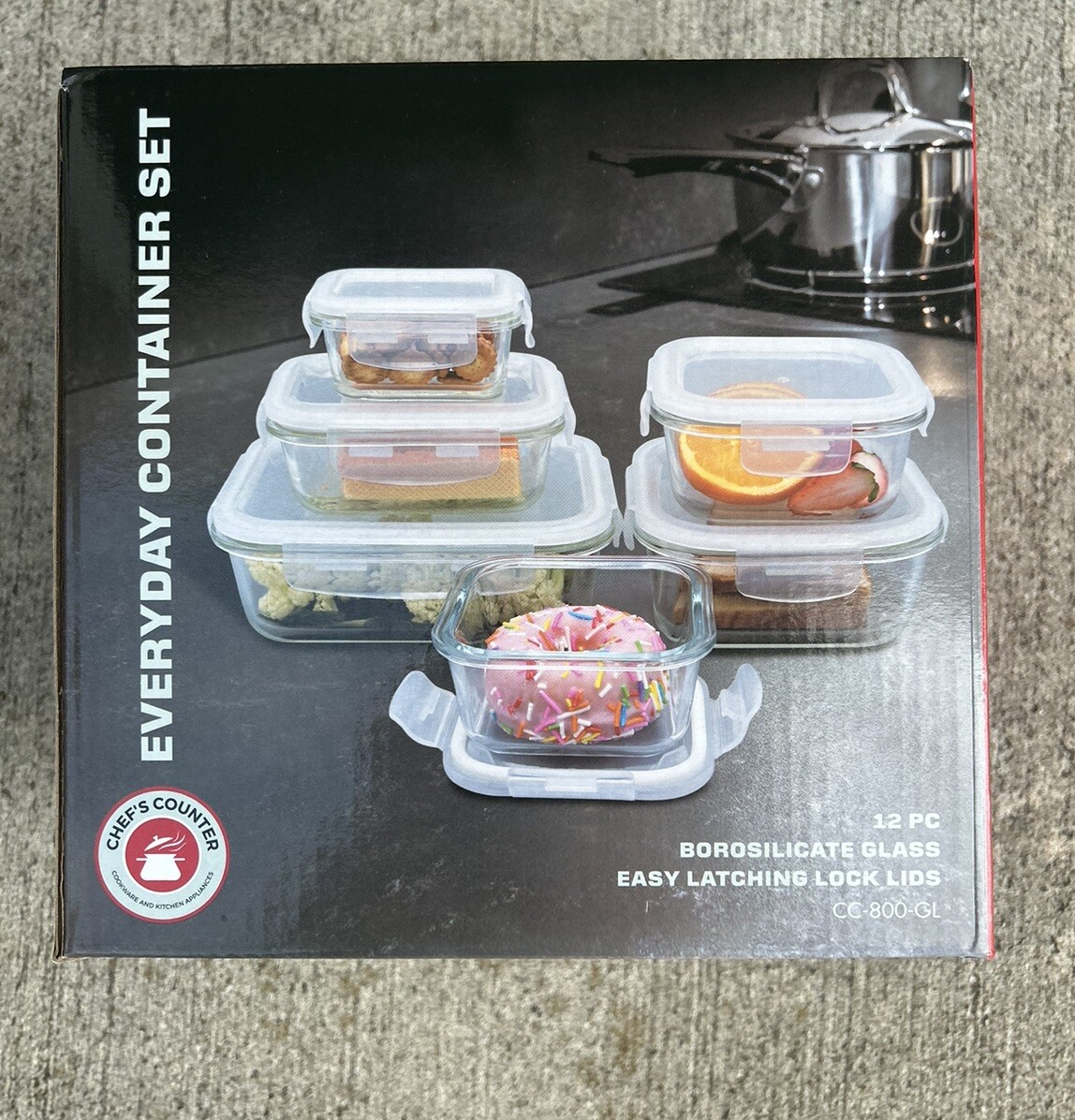 Chef’s Counter 12-PC Glass Container Set with Lids Microwave Dishwasher Safe