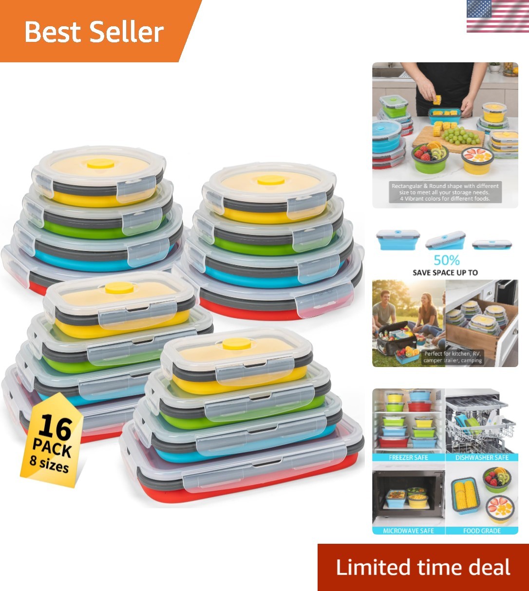 16-Pack Collapsible Silicone Food Storage Containers – Microwave & Freezer Safe