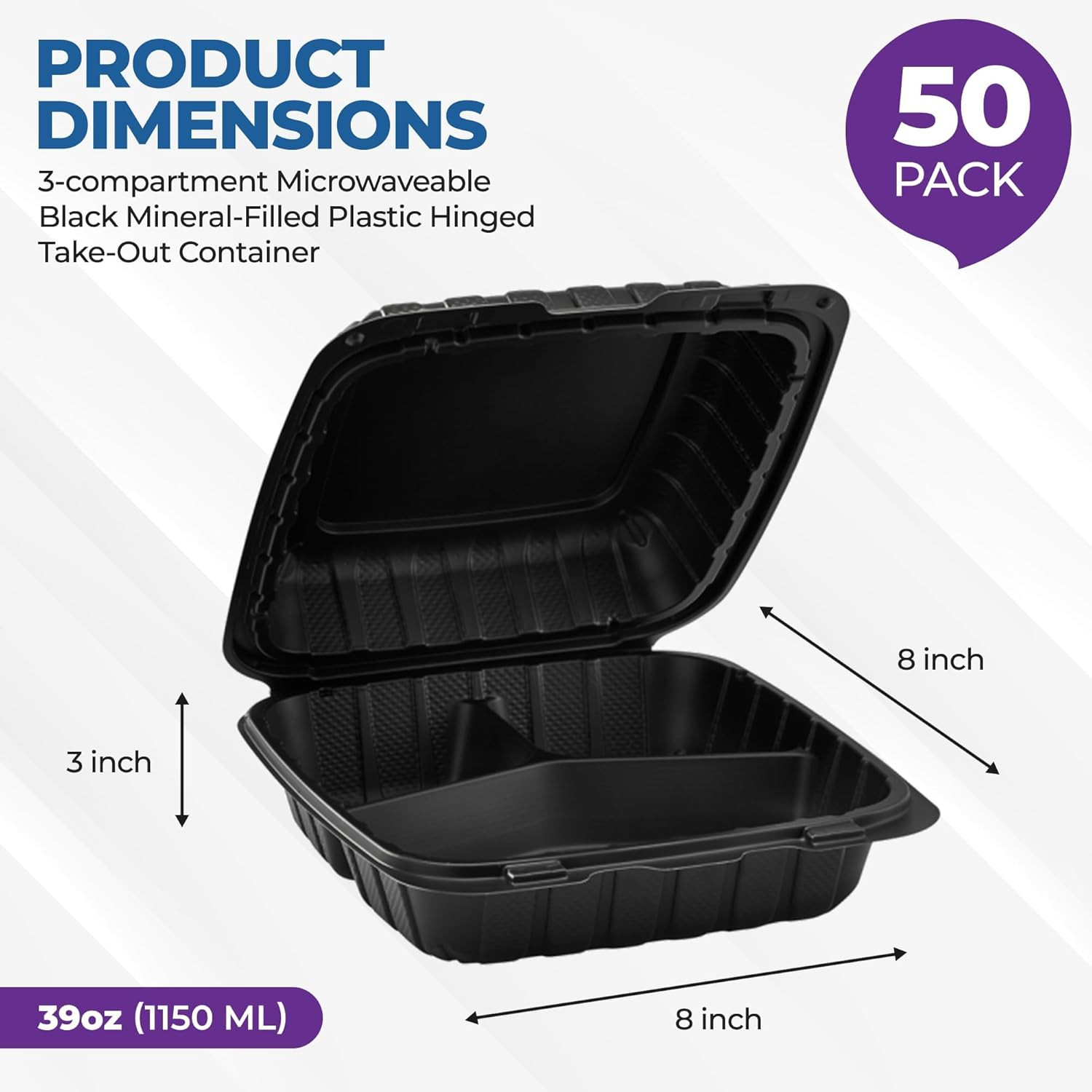 8″ X 8″ 3-Compartment to Go Food Take Out Containers Boxes with Lids | 50 Pack M