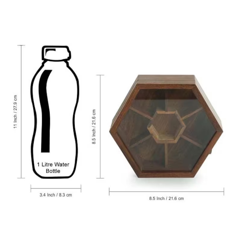 Wooden Hexagonal Spice Masala Box Dabba 6 Containers Set for Kitchen with Spoon