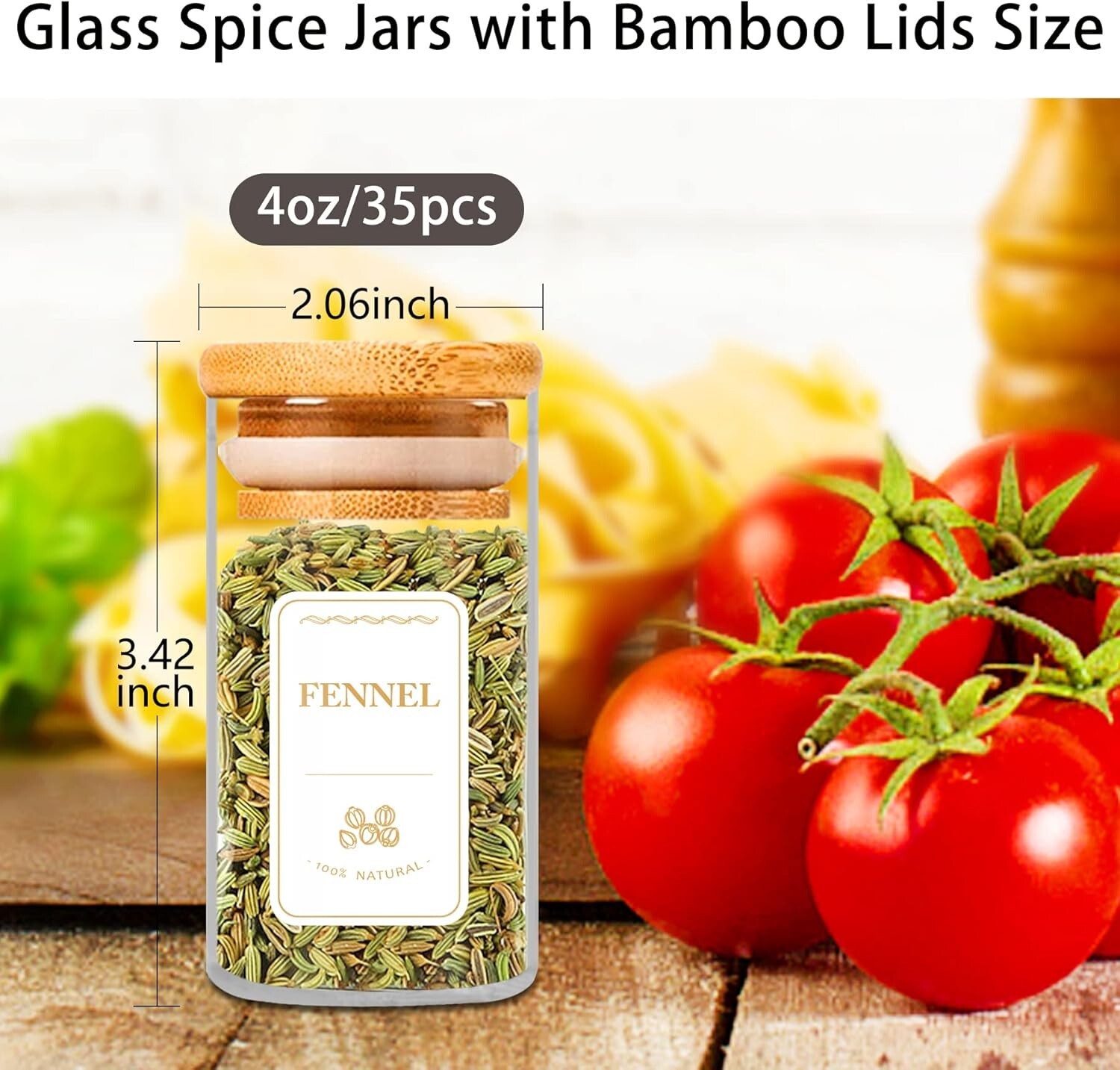Spice Jars with Labels, 35 Pcs 4 oz Glass Spice Jars with Bamboo Lids
