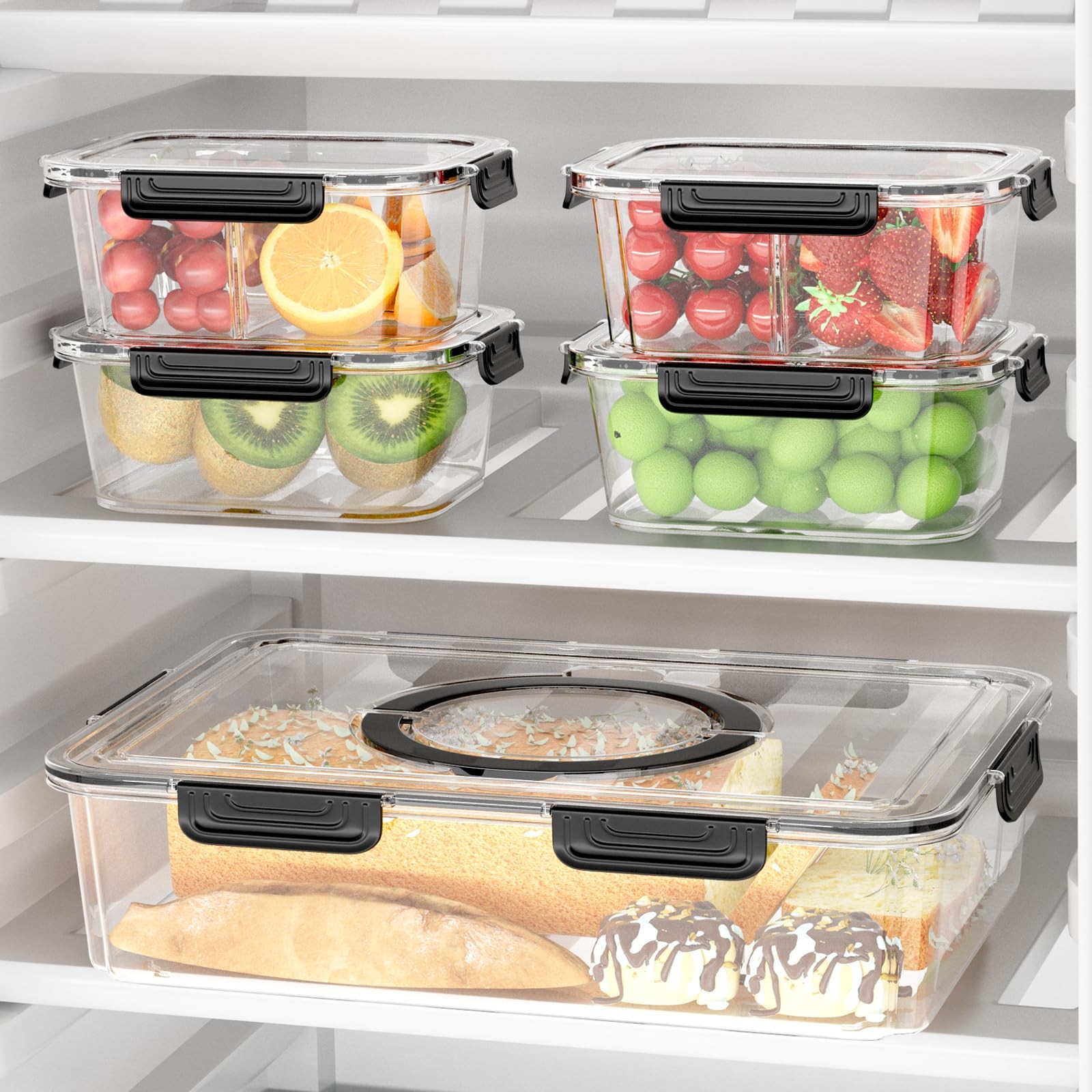 5 Pack Fruit Storage Containers for Fridge, Divided Serving Tray with Lid and