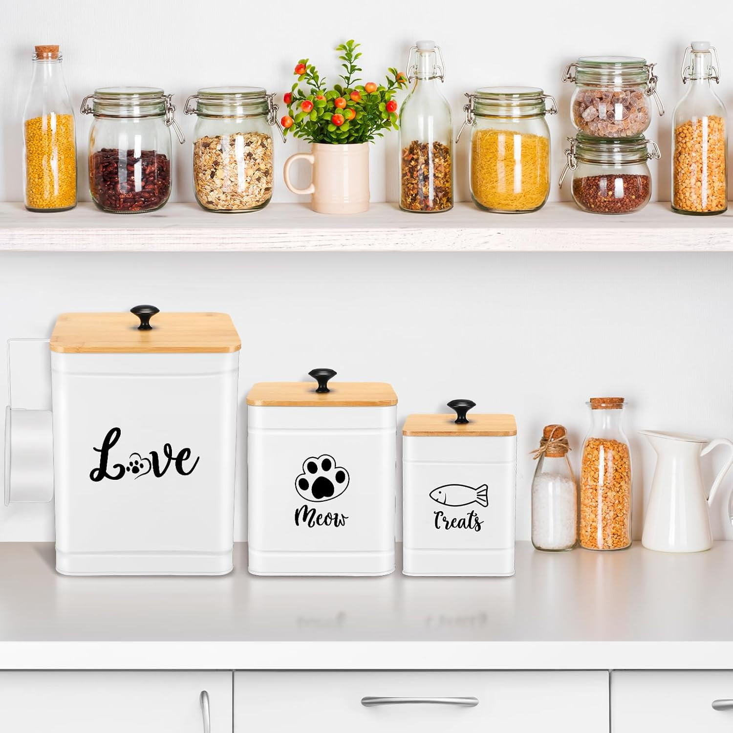 Metal Airtight Cat Food Containers Set of 3 with Bamboo Lids and Spoon 7+3+2 Lbs