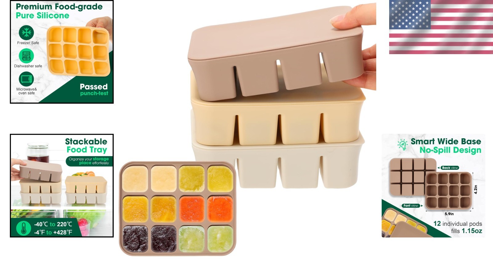 Silicone Baby Food Freezer Tray with Lids – 3 Pack in Fun Colors, Easy to Use