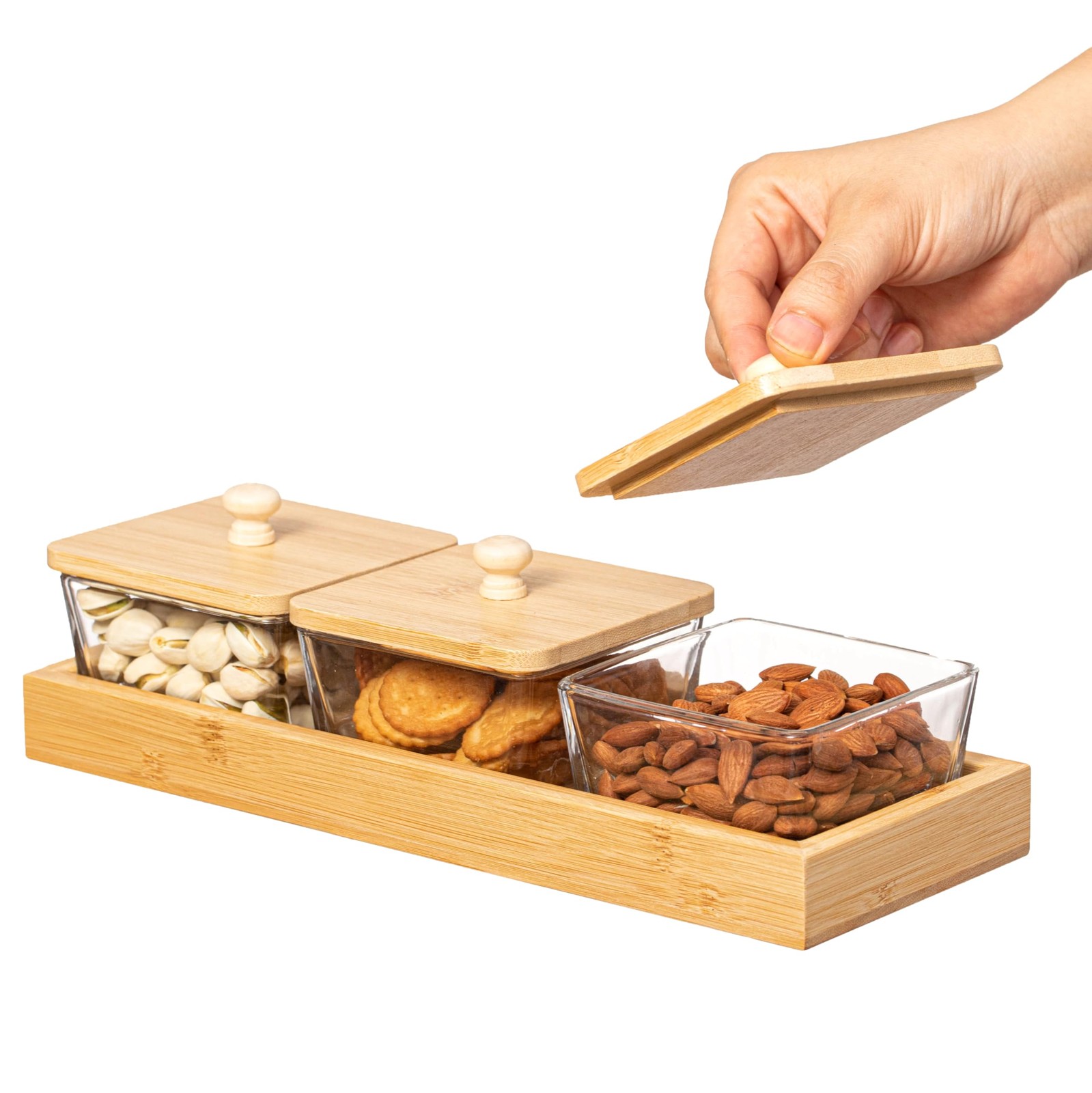 Set of 3 Square Glass Jars with Lids and Wooden Tray – Rectangular Charcuteri…