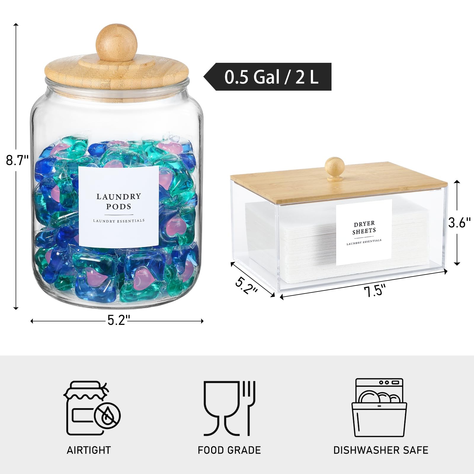 Glass Jars and Dryer Sheet Holder with Bamboo Lids, Dispenser Set and Labels,…