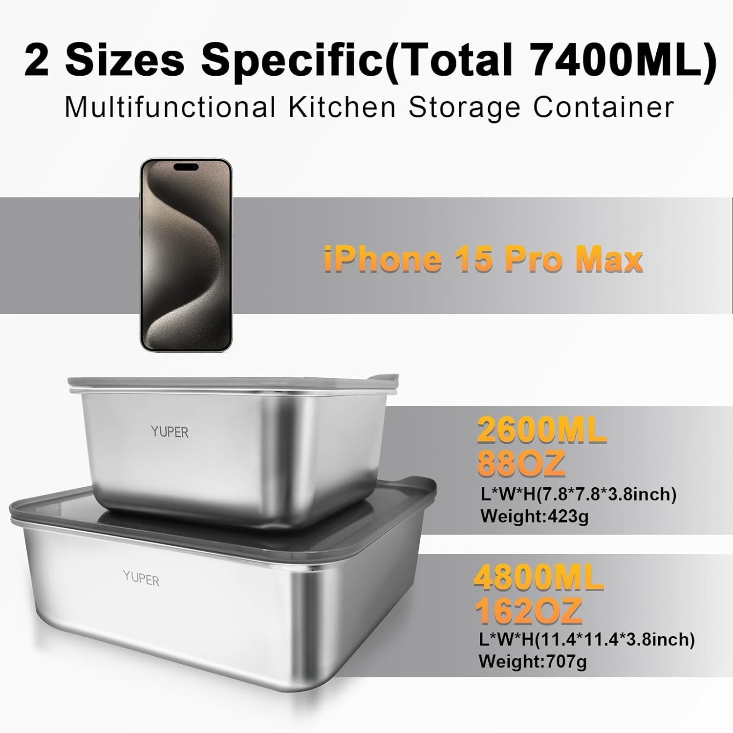 YUPER Stainless Steel Food Containers with Lids 2 Pack 88oz + 162oz