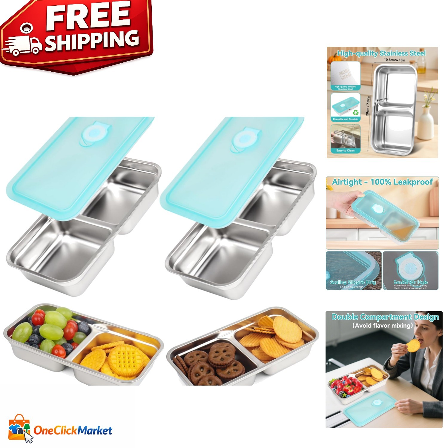 Versatile Double Compartment Snack Storage – 2 Pack Stainless Steel Containers