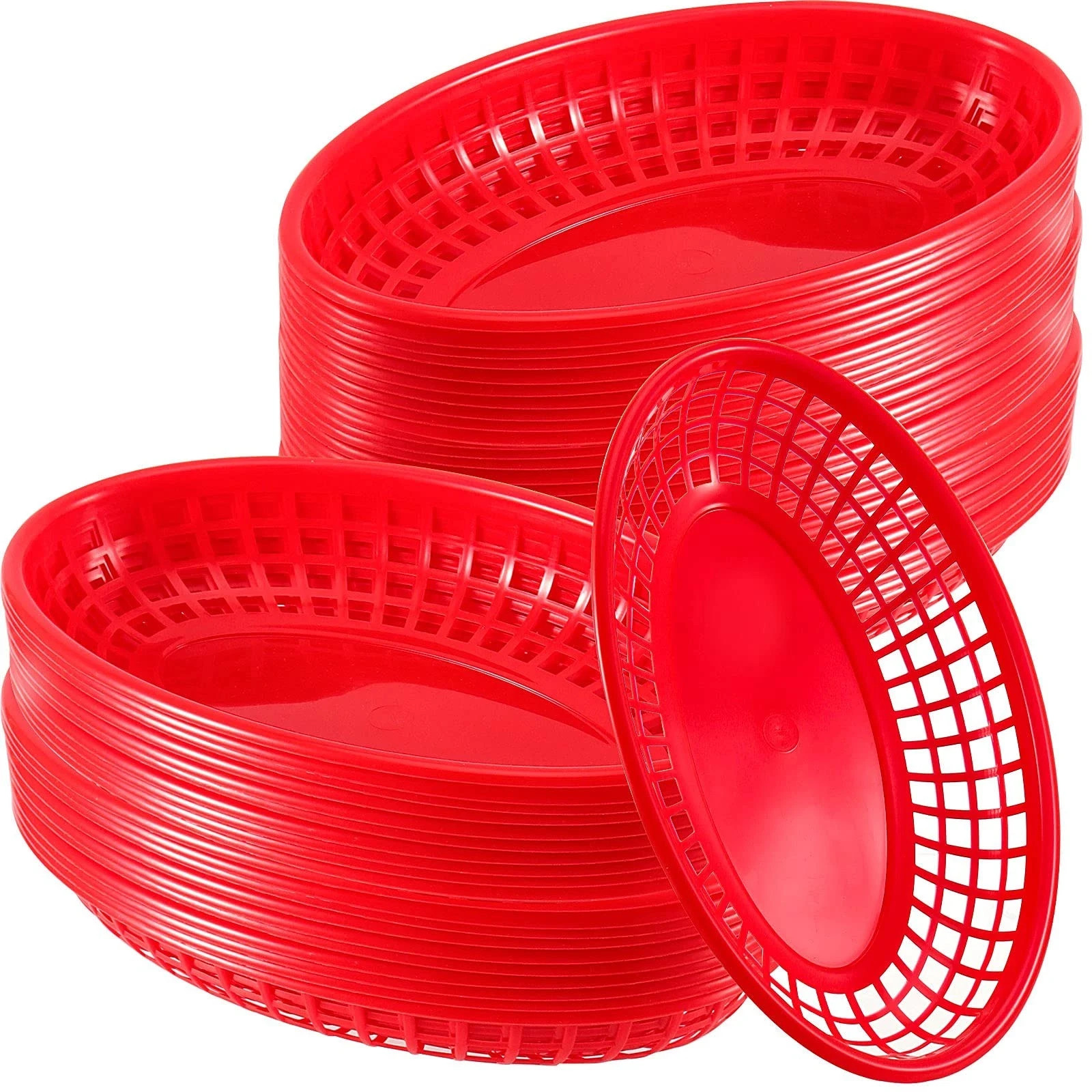 60 Pack Oval Fast Food Baskets 9 x 5.6 Inch Red Plastic Serving Baskets for B…