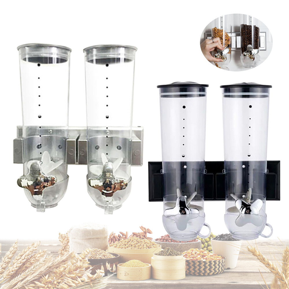 Wall Mount Double Cereal Dispenser Coffee Bean Dry Food Storage Container Silver