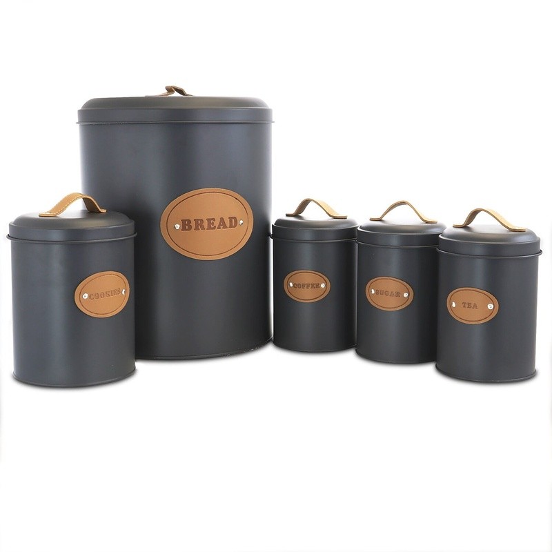 5 Piece Kitchen Food Storage Canister Set Metal Containers Bamboo Lids New