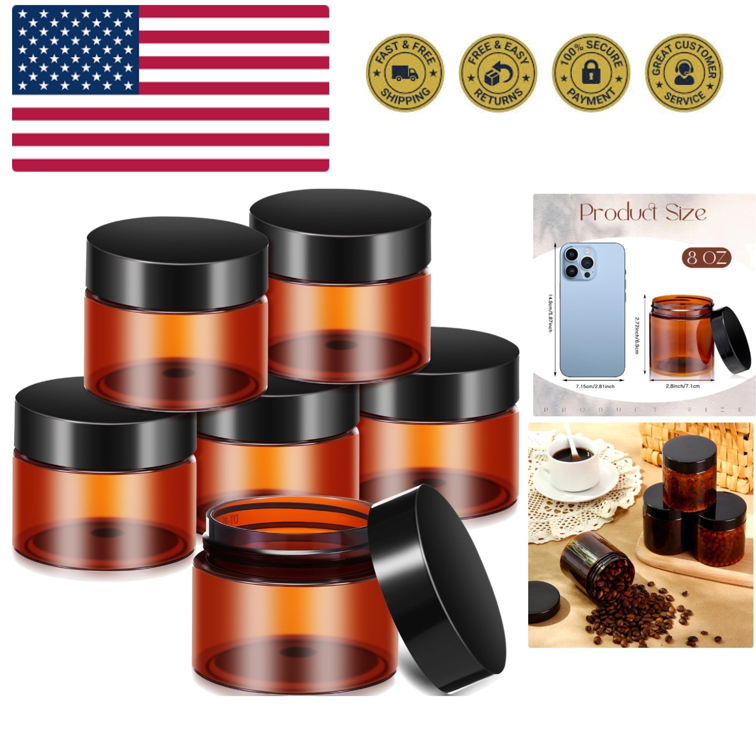 6 Pack 8 oz Plastic Jars Containers with Lids Wide-mouth Refillable Leakproof…