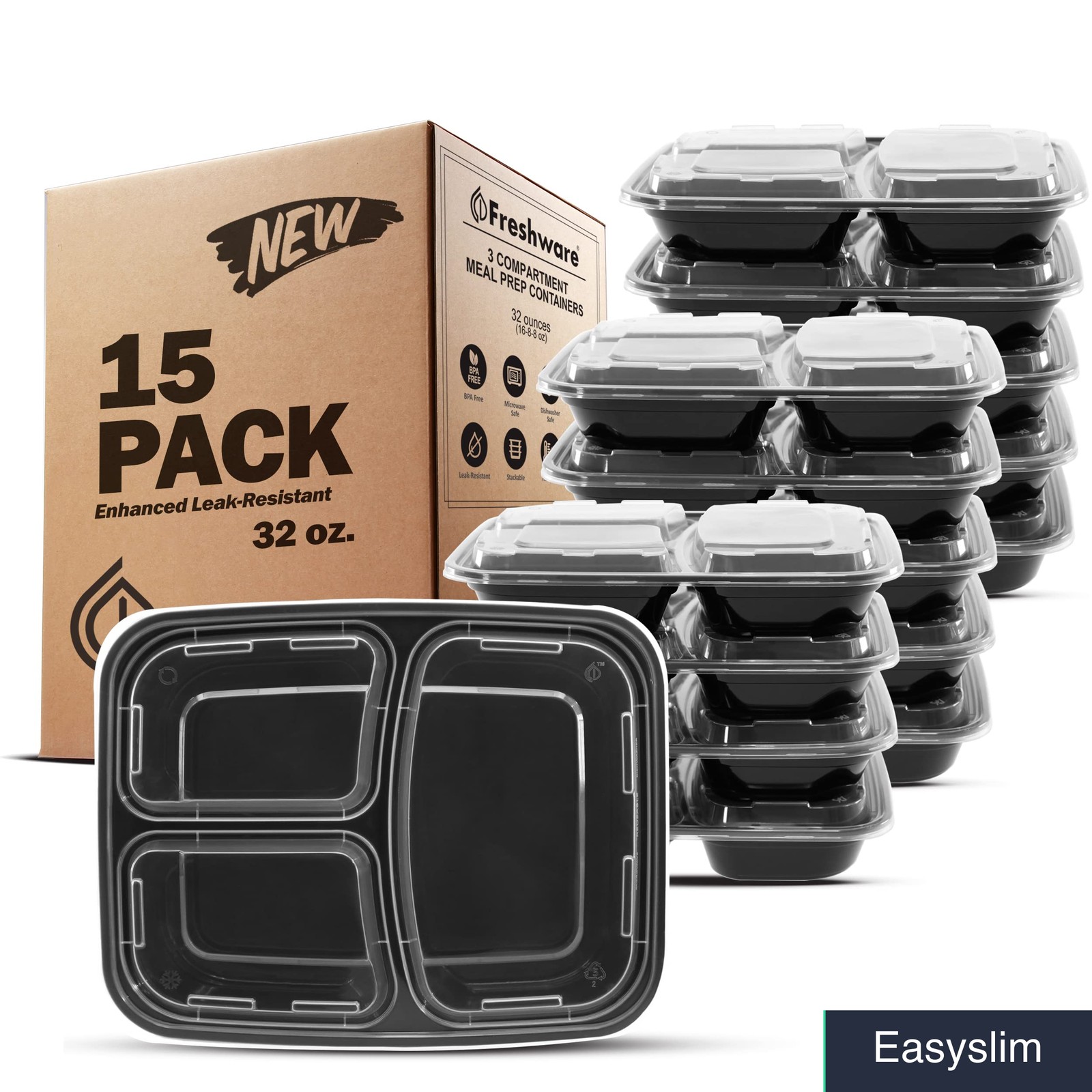 Meal Prep Containers 15 Pack 3 Compartment 32oz Bento Box Stackable