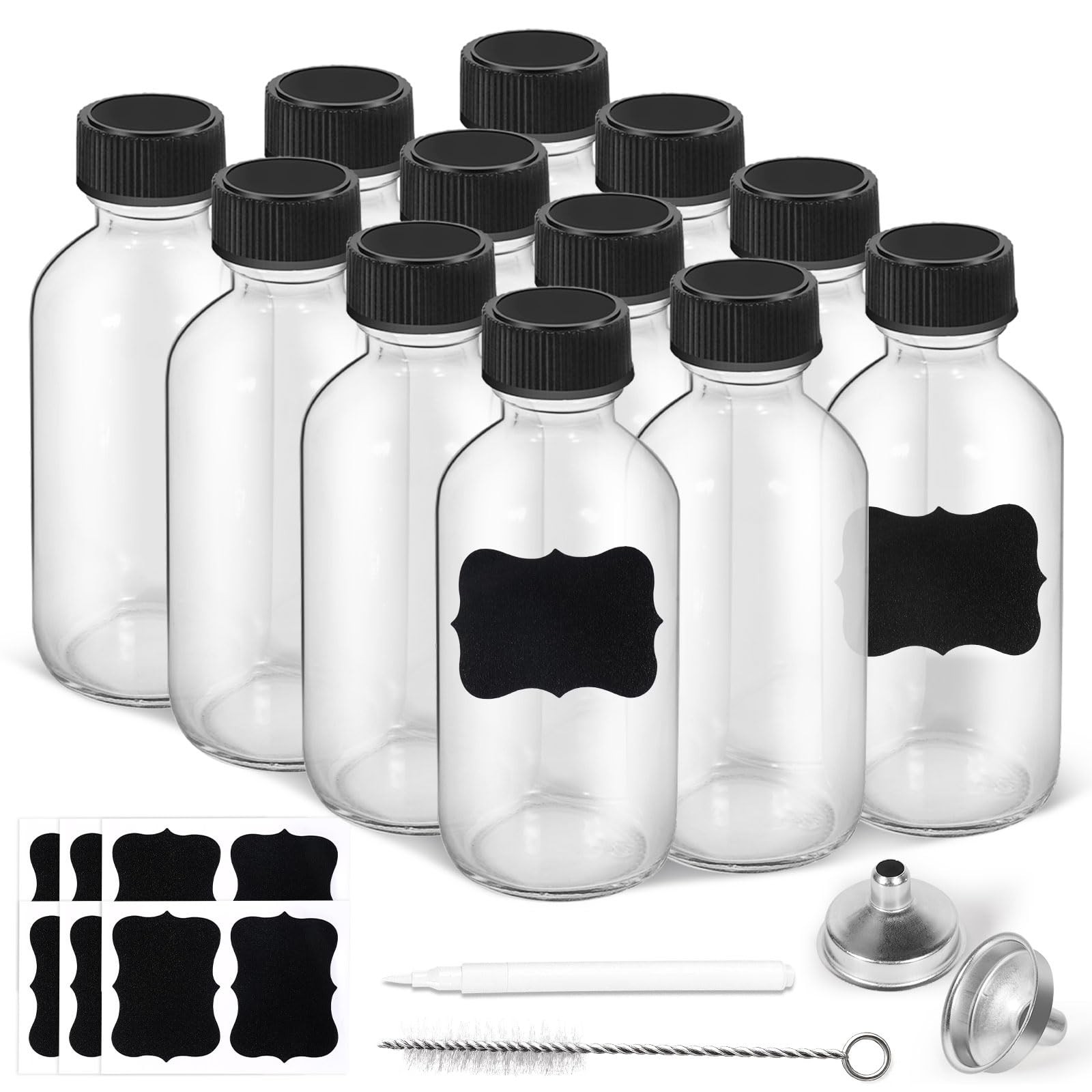 2oz Small Clear Glass Bottles with Lids, 2 Stainless Steel Funnel, 12 Labels,…