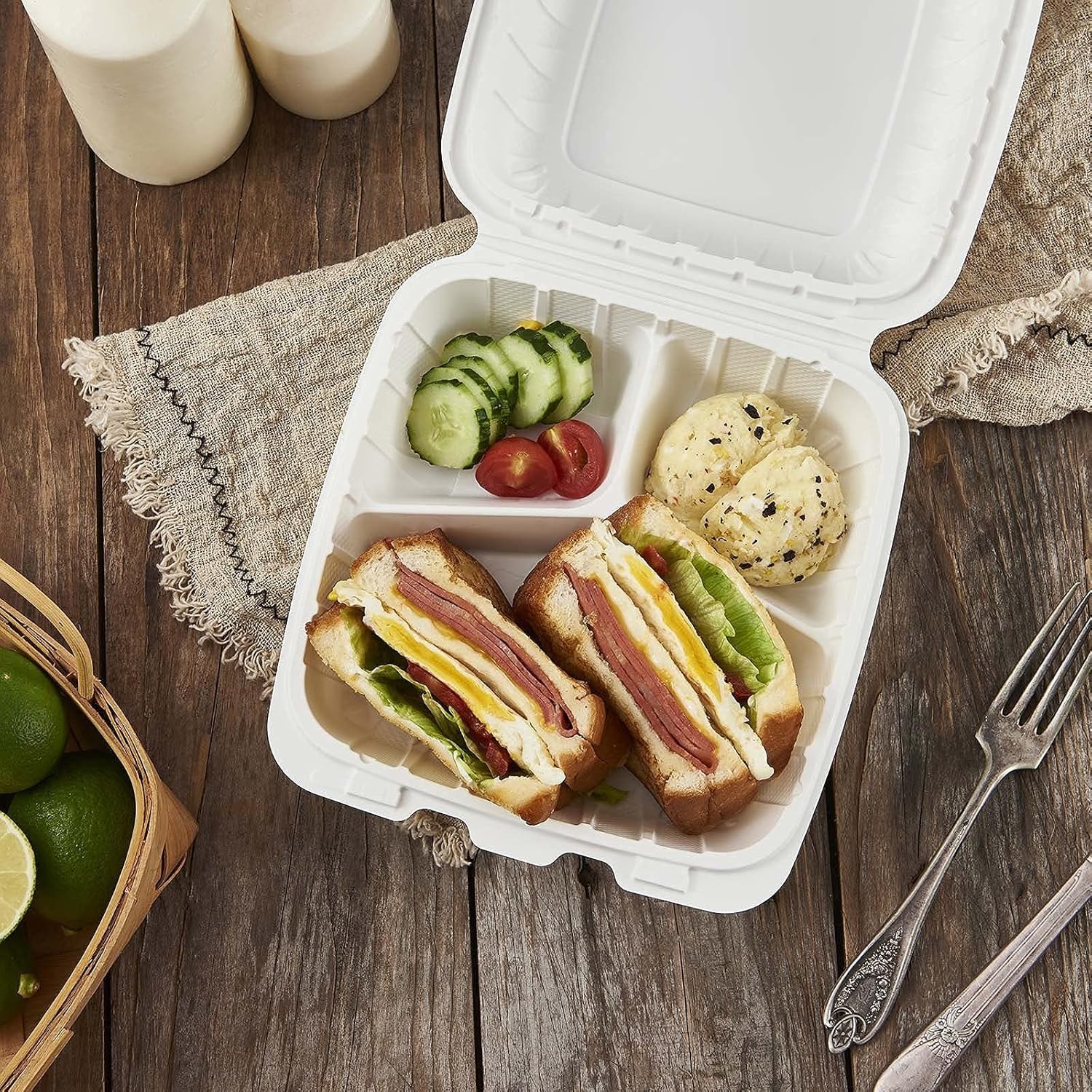 FULING 8x8in 3-Compartment 50-Pack Plastic Clamshell To-Go Lunch Box Disposable