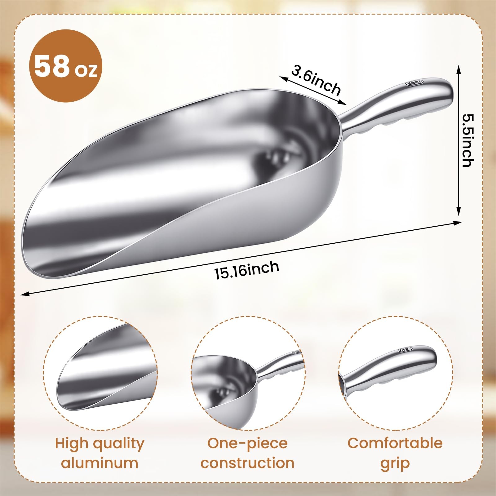 2 Set 58 oz Aluminum Ice Scoop with Holder Large Metal Utility Scoop Professi…
