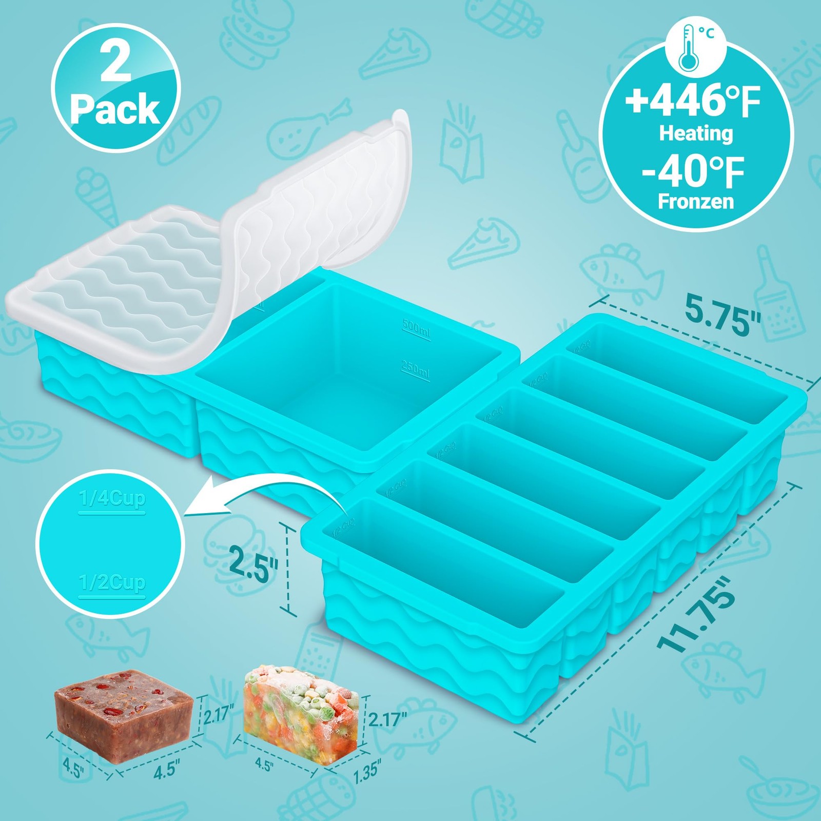 2 Pack Silicone Freezer Trays W Lid Meal Prep Soup Stew Sauce Molds 500ml