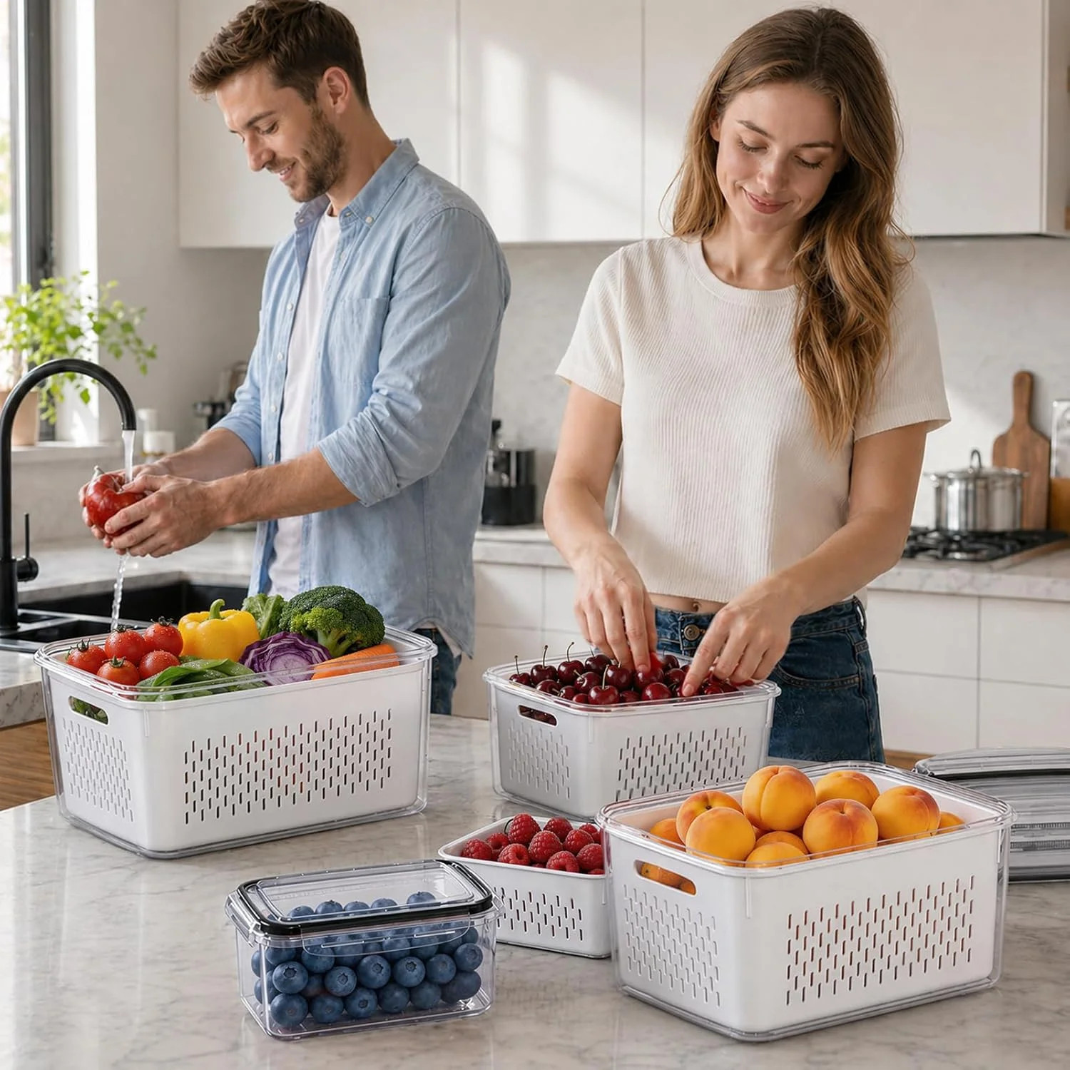 HOMETALL 4 Pack Fruit Storage Containers for Fridge Set, Produce Containers for