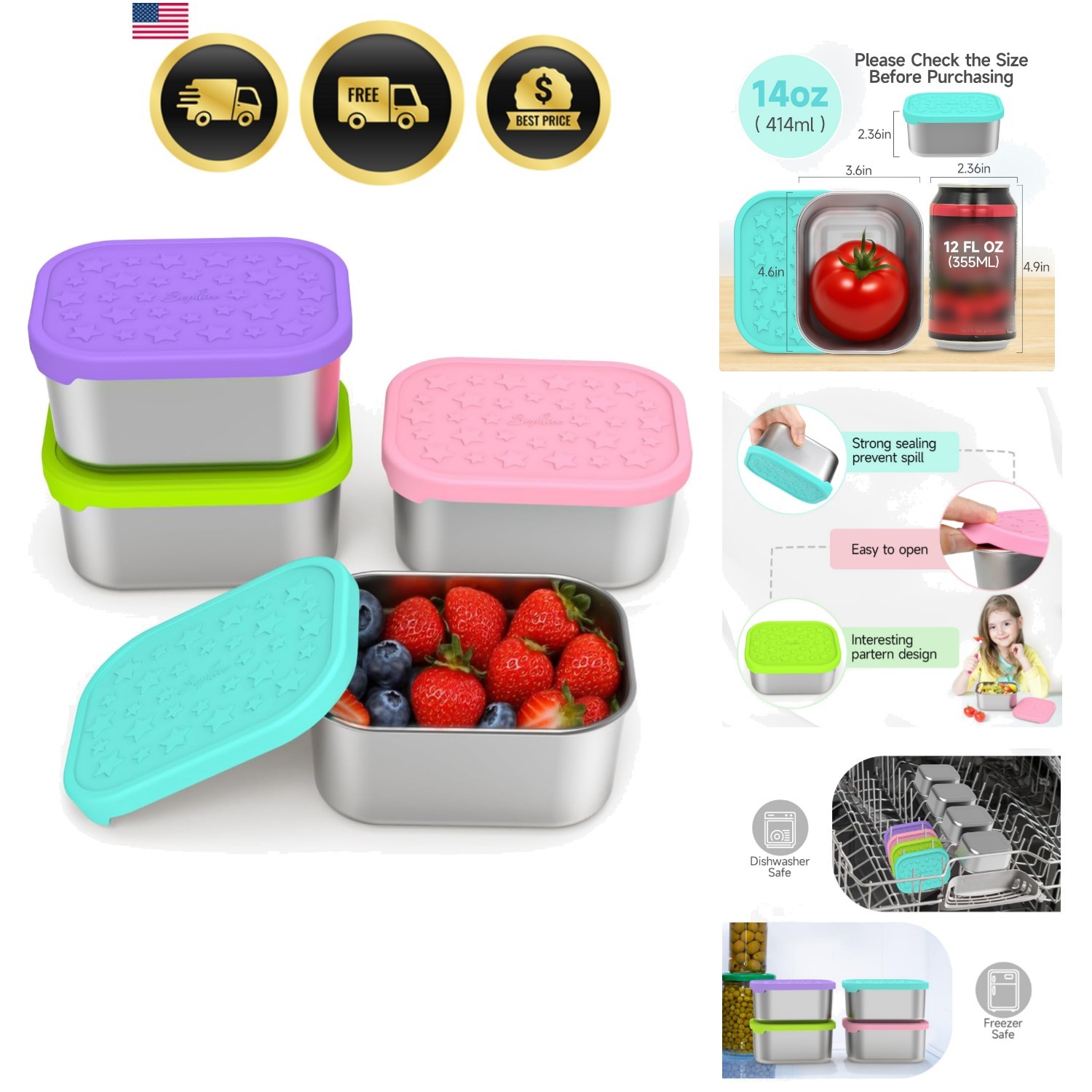Stainless Steel Snack Containers for Kids 14oz 4 Pack Food Storage Airtight