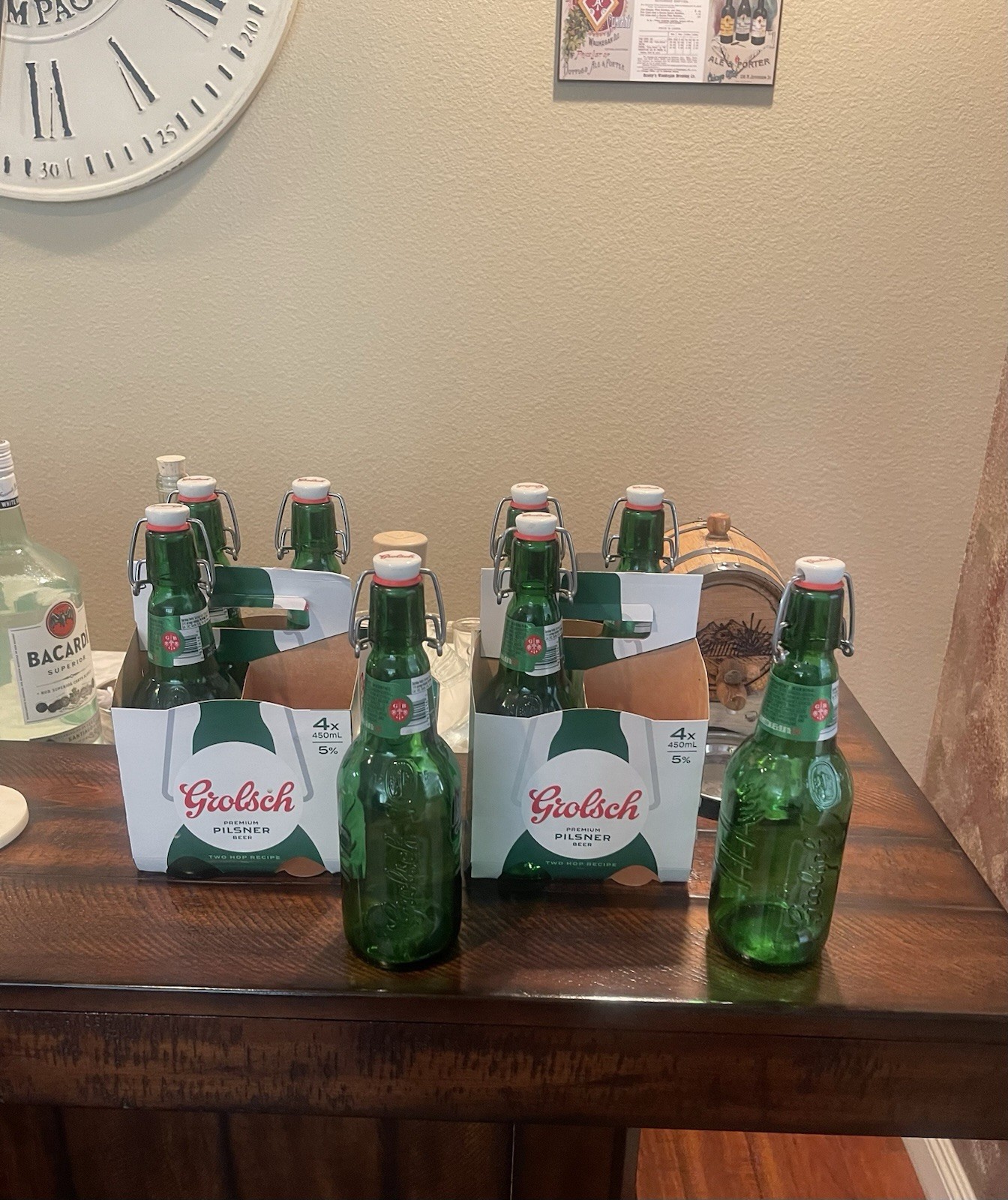 Grolsch Lot of 8 (Empty) Green Bottles With Ceramic Caps, Labels, 4 Holder