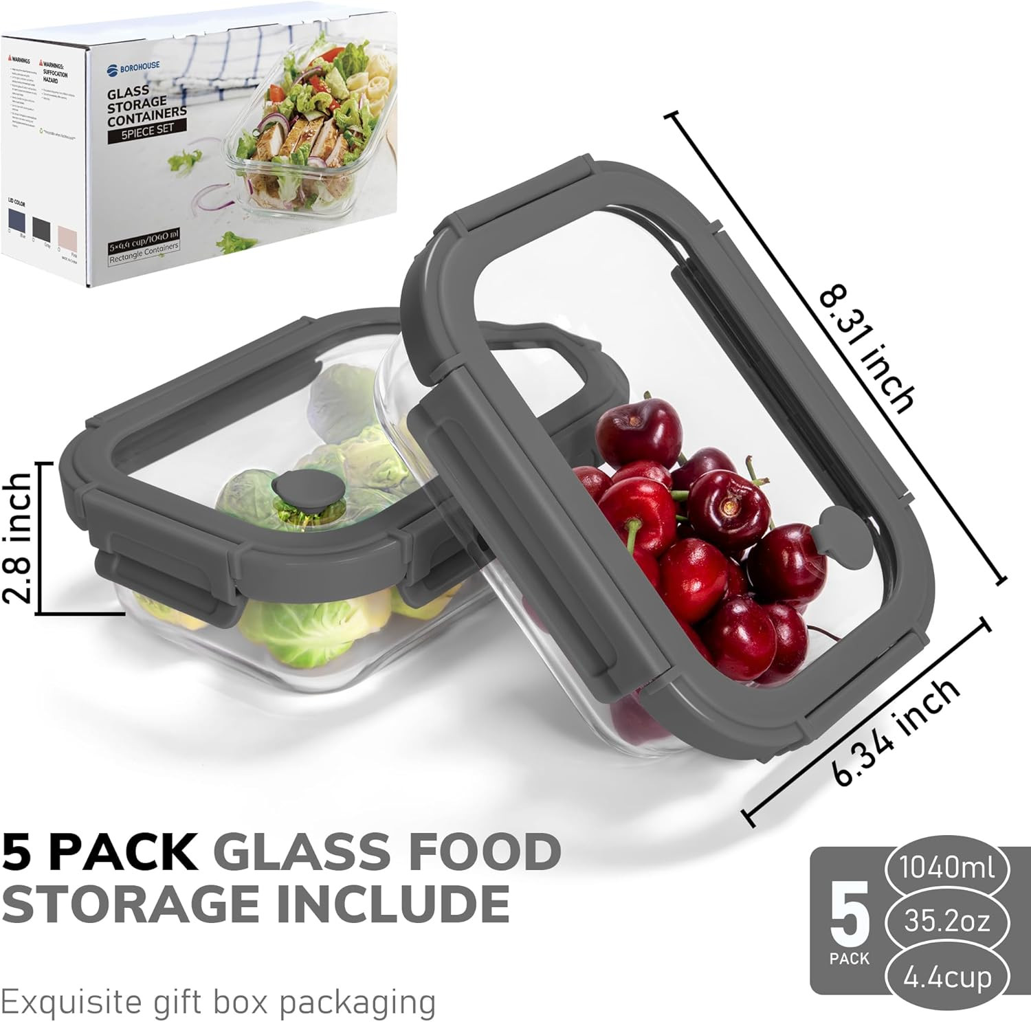 5-Pack Borosilicate Glass Containers with Tempered Glass Lids, 35.2Oz/4.4 Cup Ai