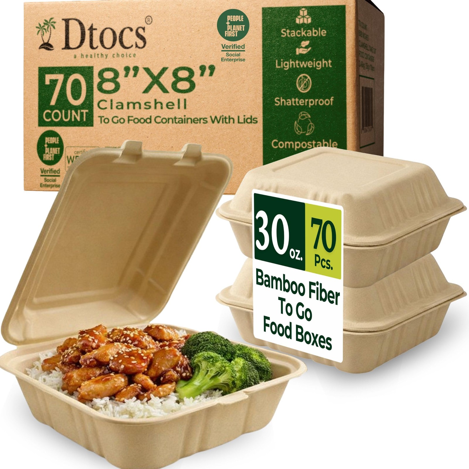 30 Oz To Go Food Containers With Lids 8×8 Inch [70 Pack] Clamshell Take Out C…
