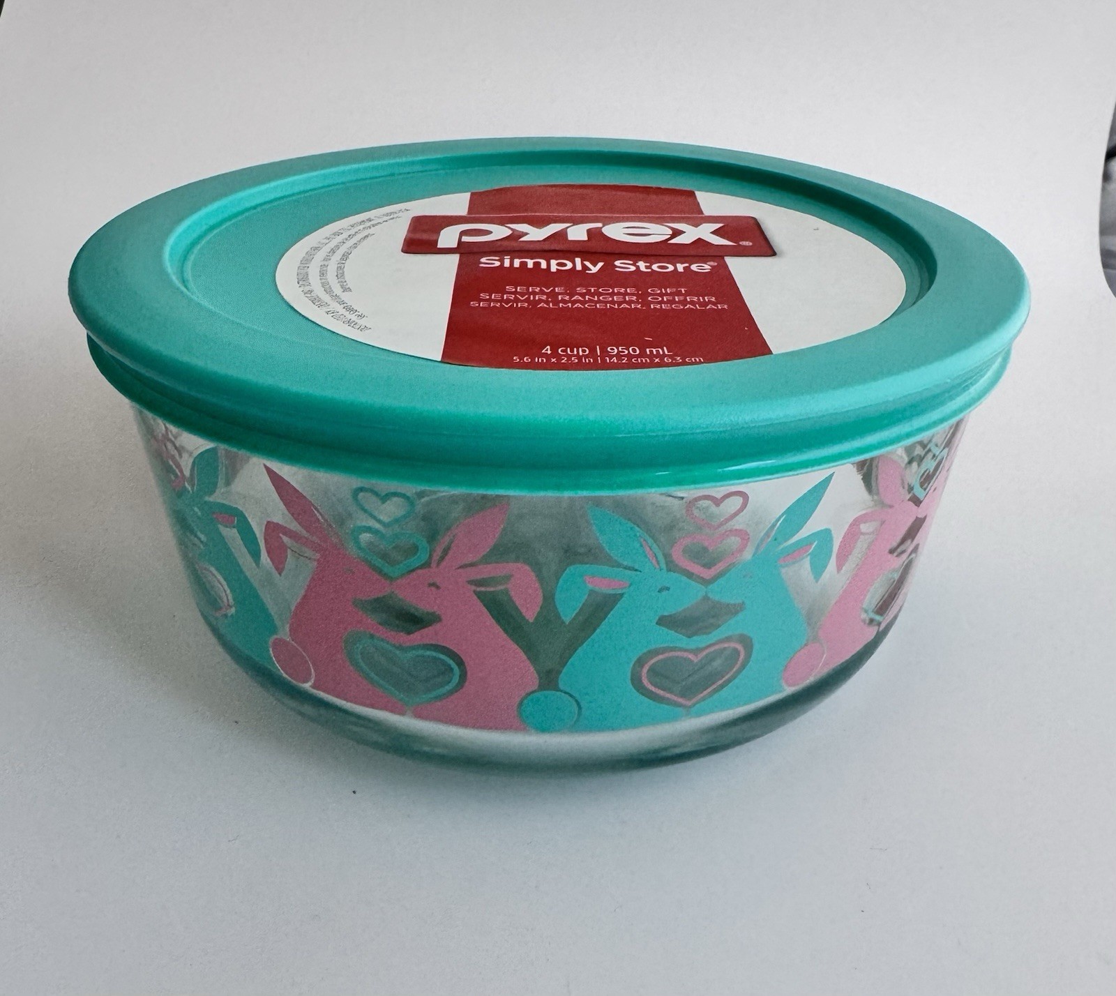 Pyrex Easter Glass Bowl 4 Cup Bunny Rabbit Hearts with Lid Blue Pink Storage