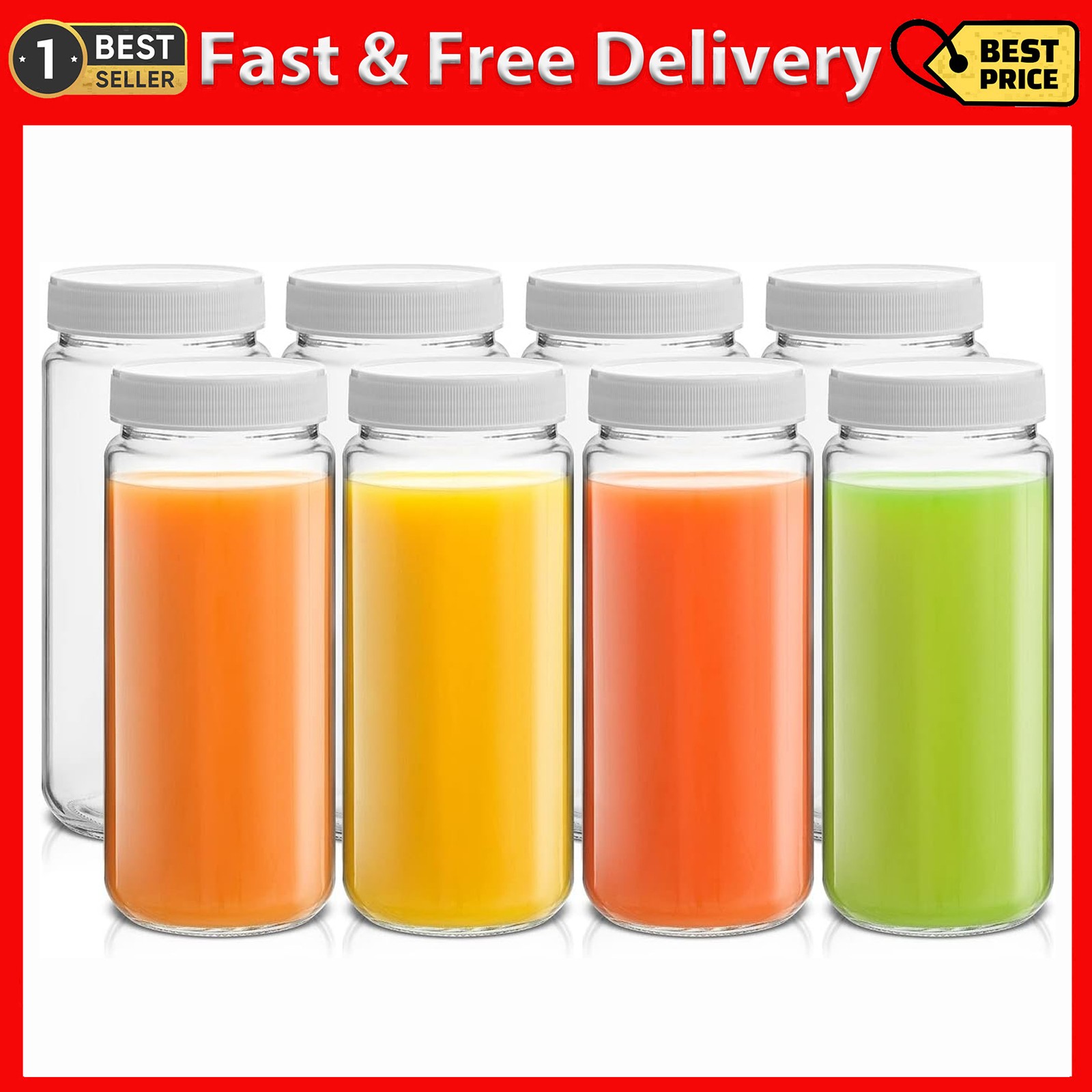 Joyjolt 16 Oz Reusable Glass Bottles with Caps. Set of 8 Juicing Bottles