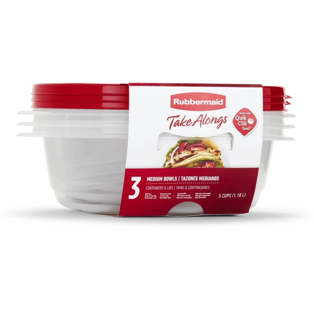 5-Cup Plastic Food Storage Containers with Lids Set of 3 Red Medium Bowls