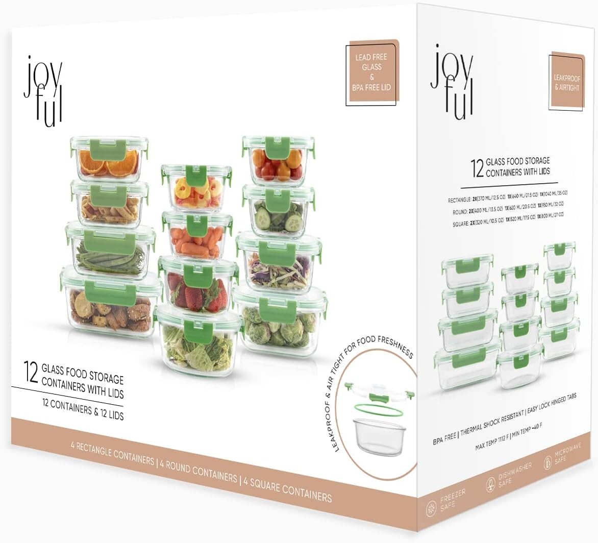 JoyFul 24pc Borosilicate Glass Storage Containers with Lids. 12 Airtight, Freeze