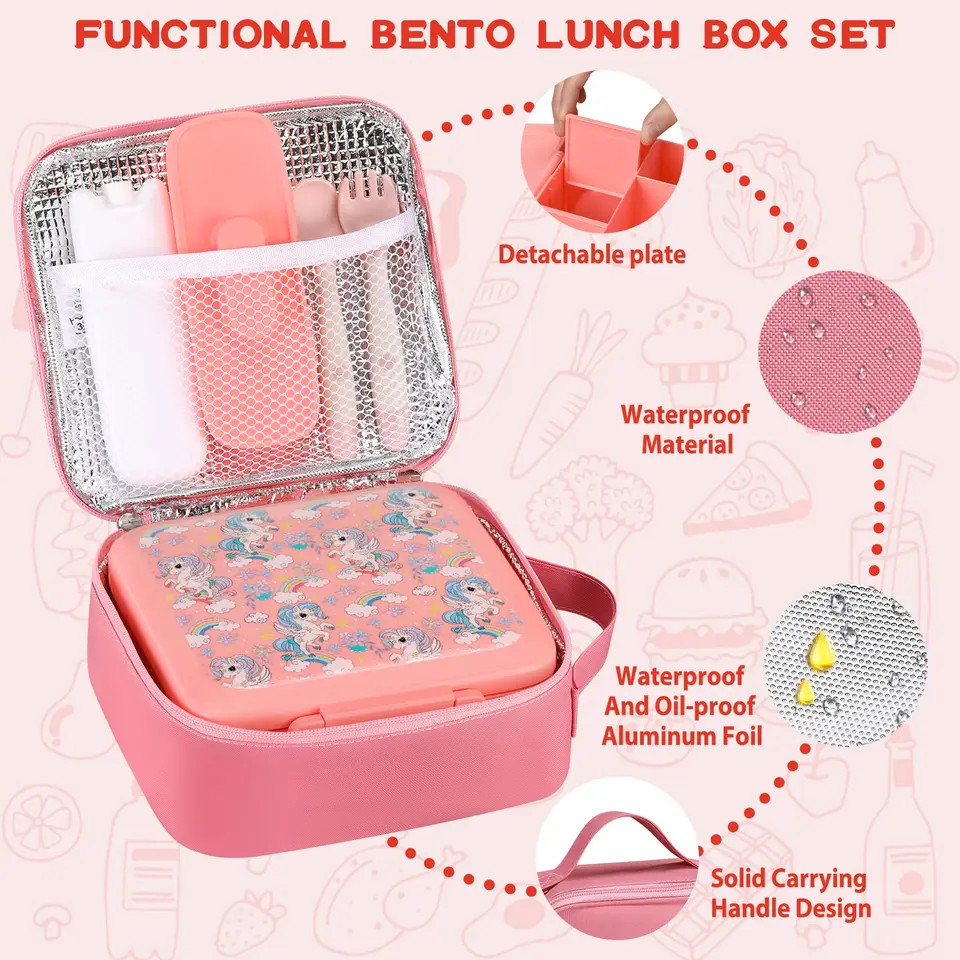 1 Pc Kids Lunch Box Bento Set with Insulated Jar Ice Pack Fork Spoon Bag Combo