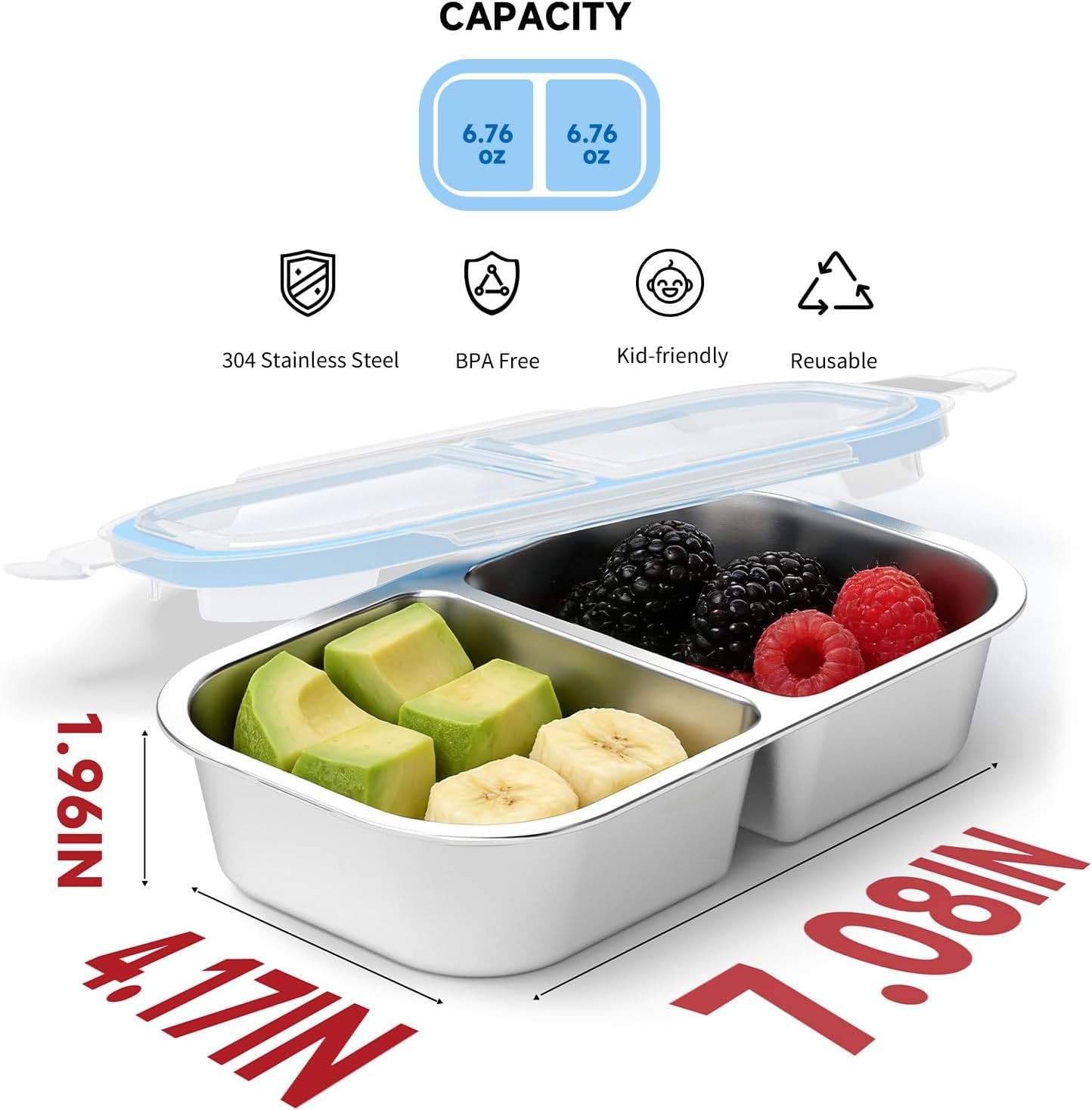 3 Pack Stainless Steel Snack Containers, 2 Compartment Reusable Metal Snack Boxe