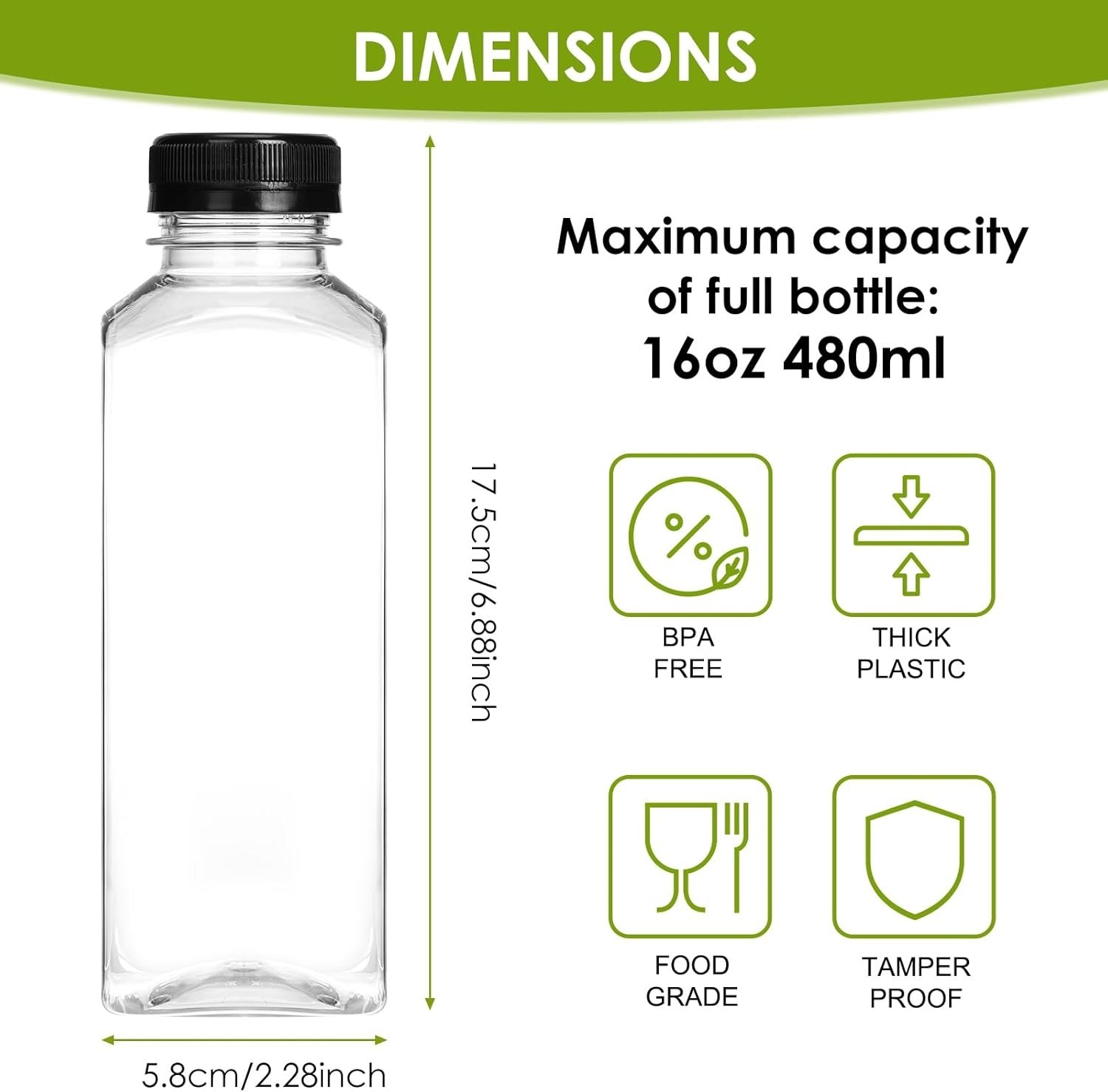 Botellas de Plastico para Jugos con Tapas Envases Reutilizables de 8/16oz 6 Pz